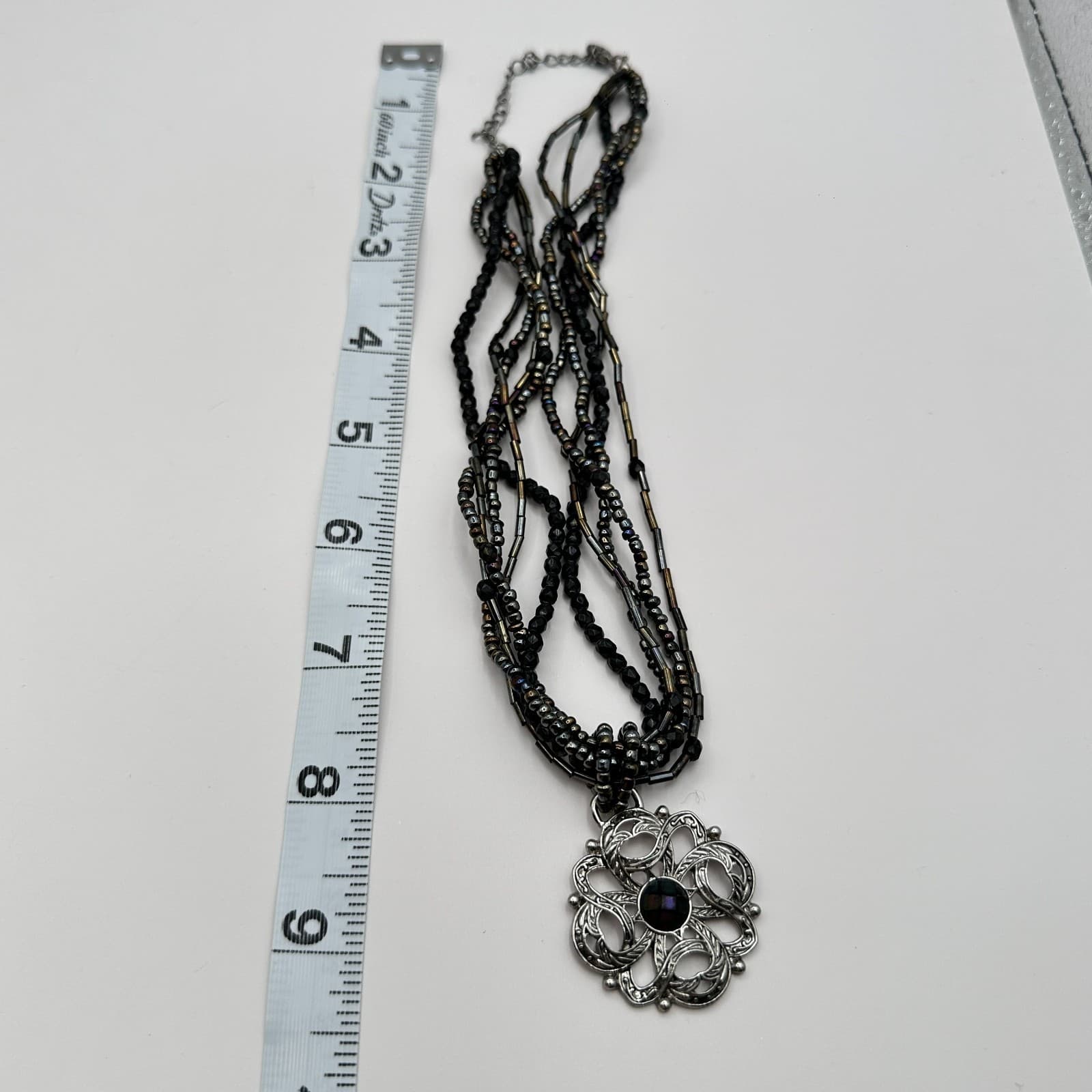 Vintage 90s Silver Tone Multi-Strand Beaded Open Floral Pendant Necklace Jewelry - Thumbnail 9