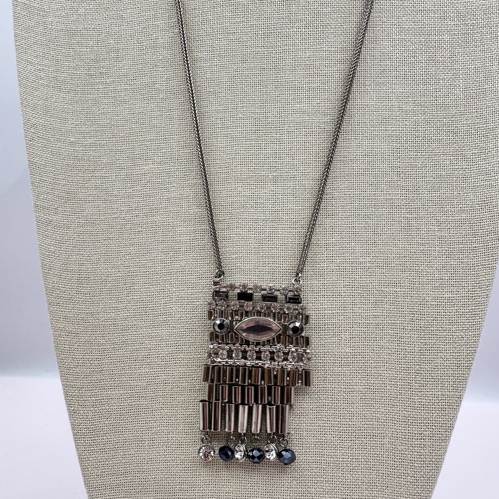 Vintage Y2K Silver Tone Clear Rhinestone Beaded Fringe Pendant Necklace Jewelry - Thumbnail 7