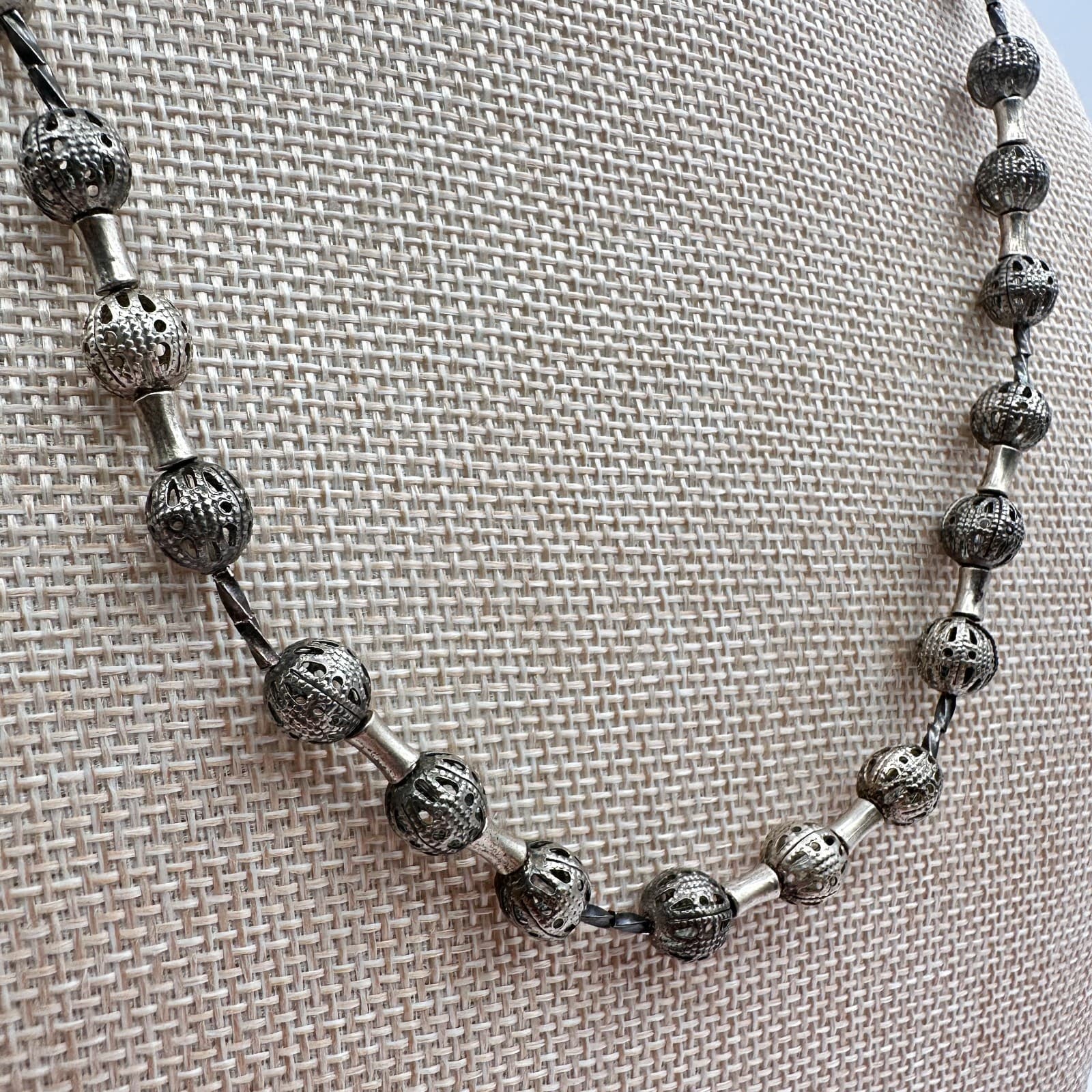 Vintage 90s Silver Tone Filigree Bead Necklace Boho Ethnic Statement Jewelry - Thumbnail 4