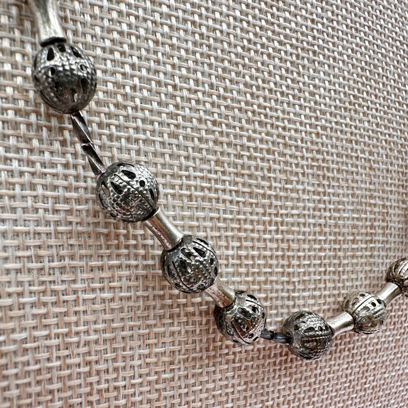 Vintage 90s Silver Tone Filigree Bead Necklace Boho Ethnic Statement Jewelry - Thumbnail 3