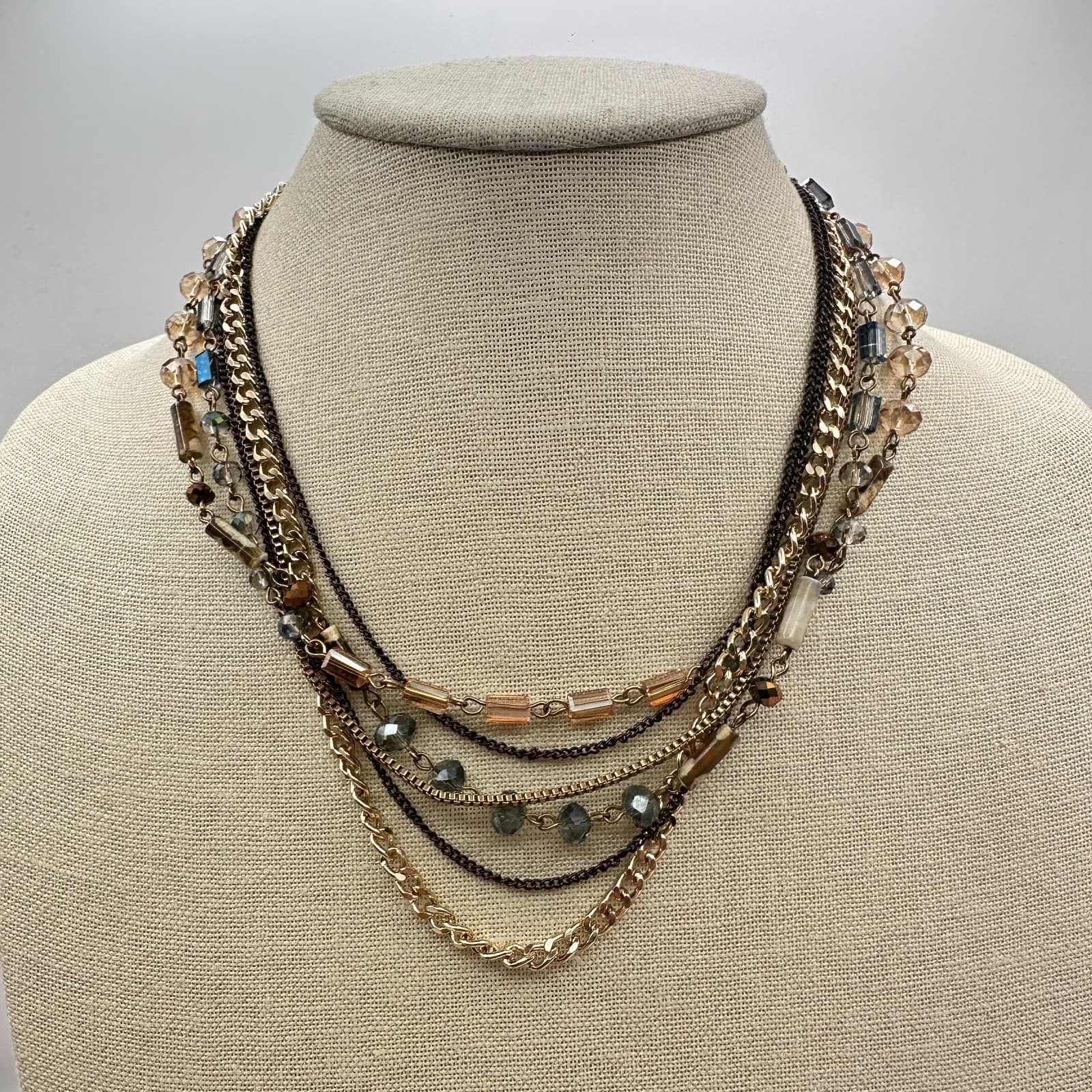 Vintage 80s Sweet Escape Multi Strand Beaded Necklace Mixed Gold Chain Jewelry - Thumbnail 7