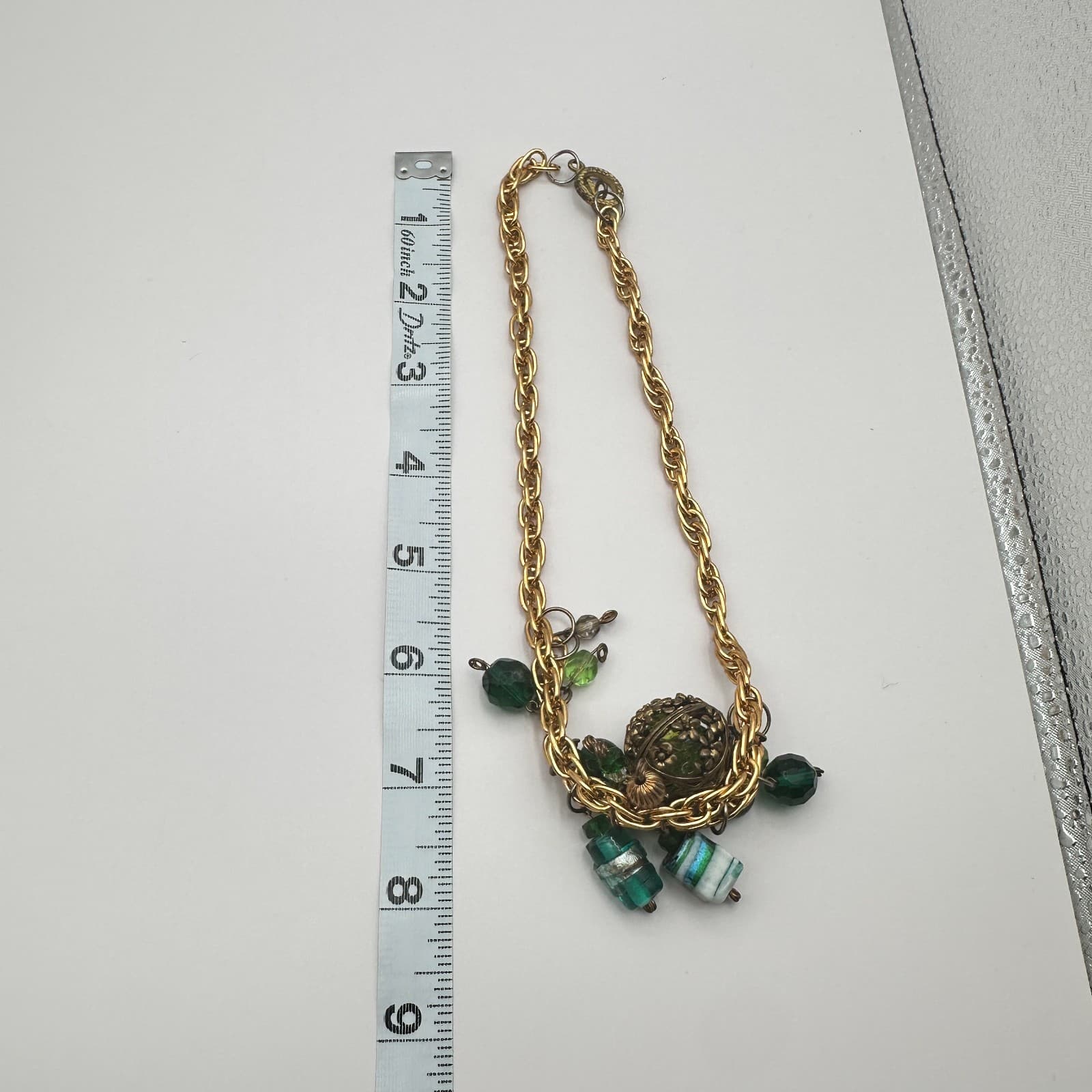 Vintage 90s Gold Tone Green Glass Bead Statement Necklace Floral Cage Pendant - Thumbnail 8