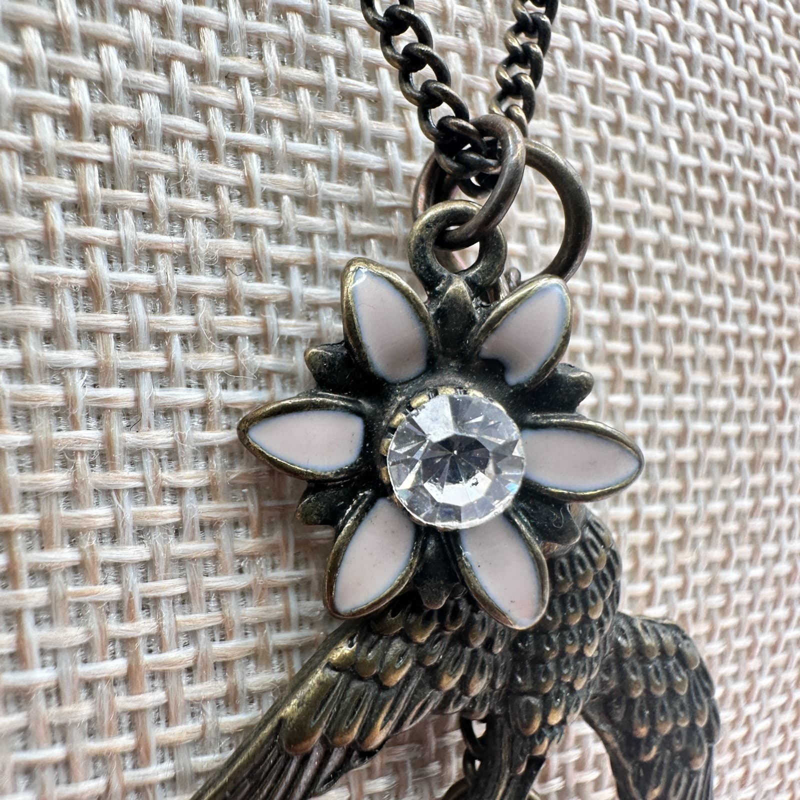 Vintage 80s Bird Heart Necklace Oxidized Silver Tone Flower Pendant Jewelry - Thumbnail 6