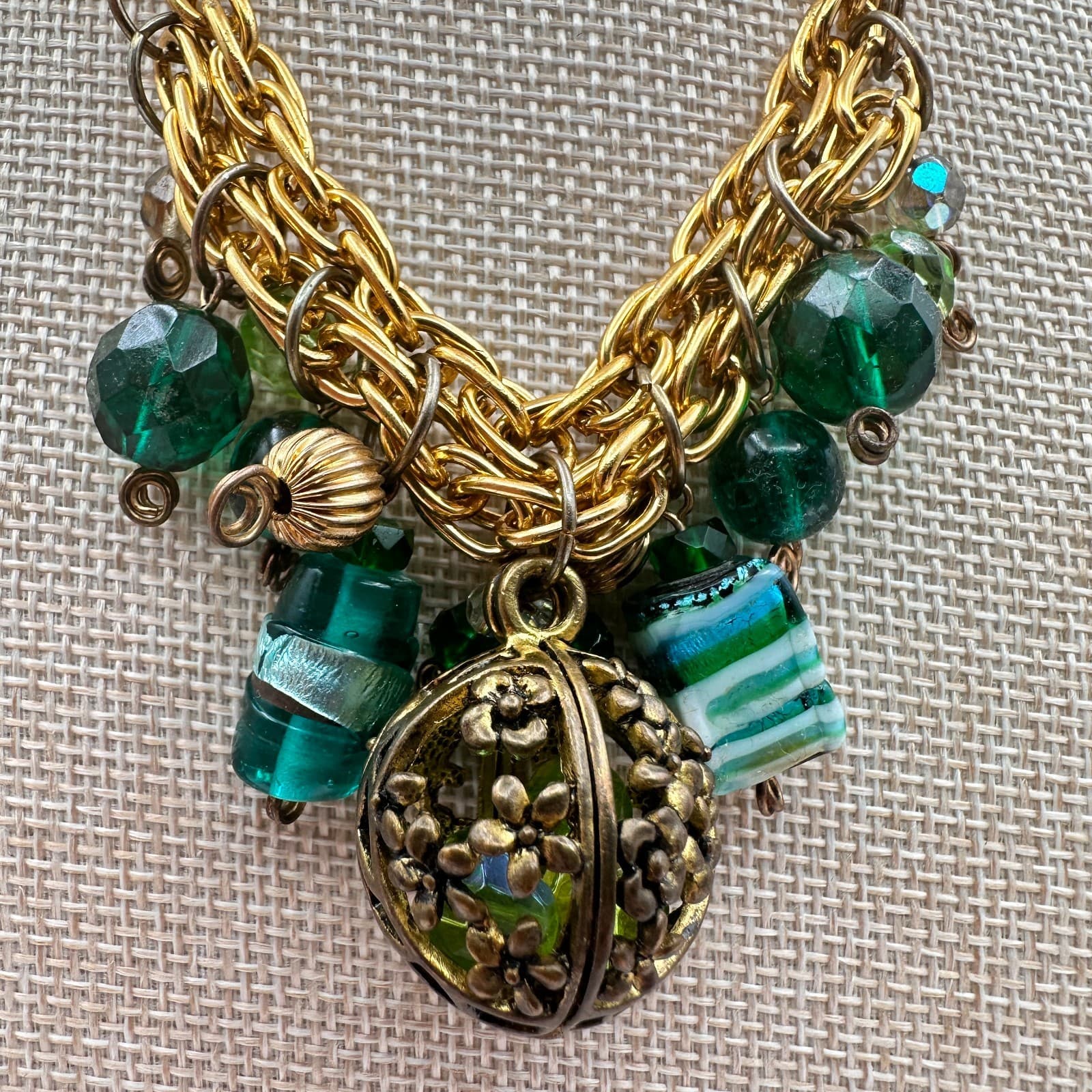 Vintage 90s Gold Tone Green Glass Bead Statement Necklace Floral Cage Pendant - Thumbnail 3