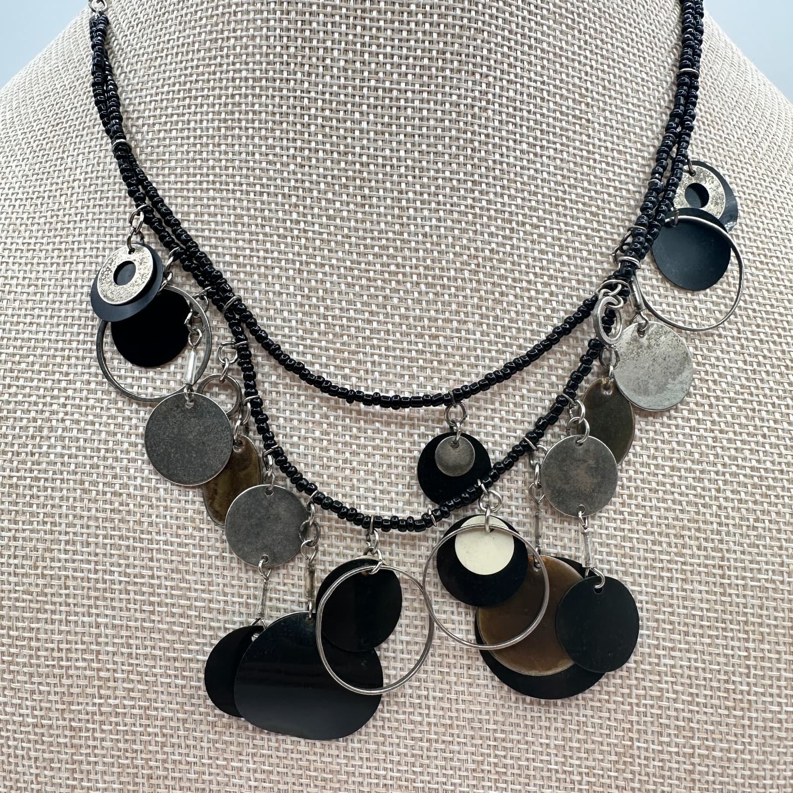 Vintage 80s Multi Strand Black Bead Statement Necklace Silver Disc Charm Jewelry - Thumbnail 2