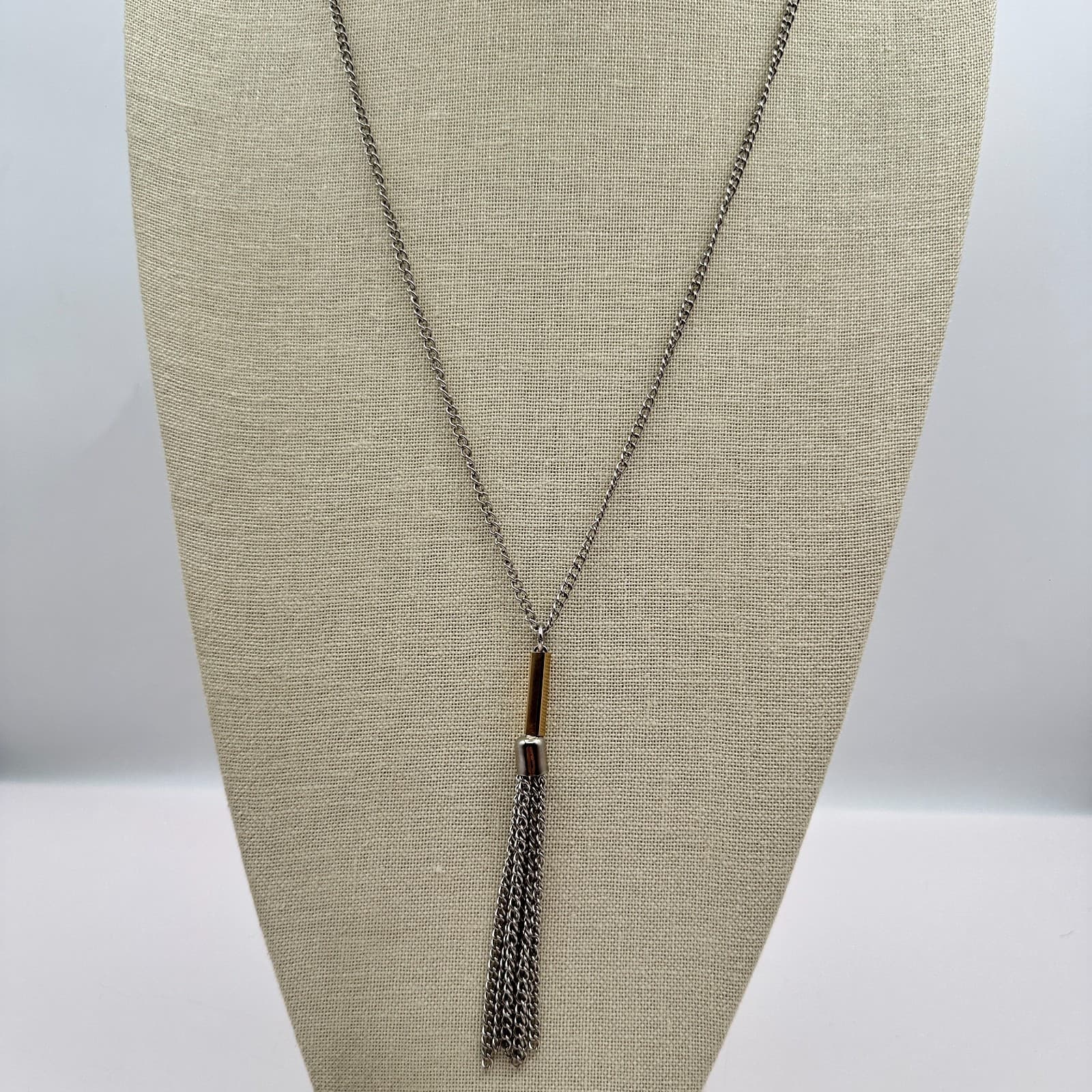 Vintage Y2K Silver Tone Curb Chain Tassel Fringe Pendant Necklace Jewelry - Thumbnail 3