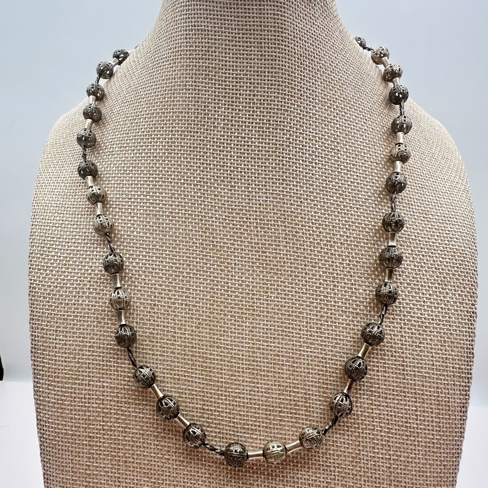 Vintage 90s Silver Tone Filigree Bead Necklace Boho Ethnic Statement Jewelry - Thumbnail 7