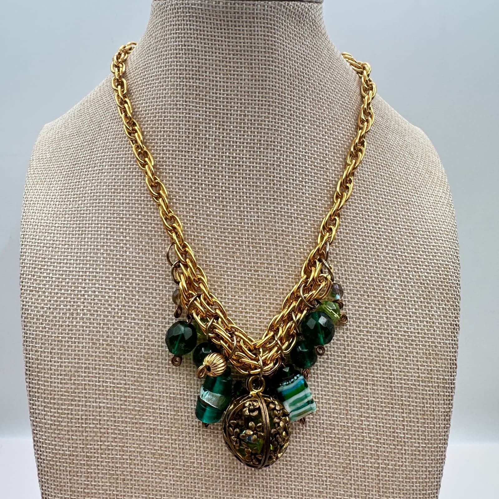 Vintage 90s Gold Tone Green Glass Bead Statement Necklace Floral Cage Pendant - Thumbnail 2