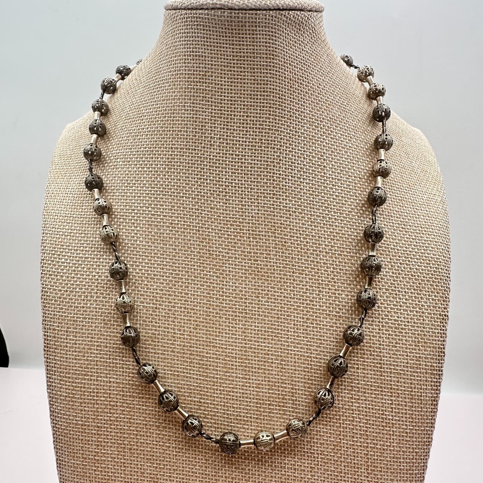 Vintage 90s Silver Tone Filigree Bead Necklace Boho Ethnic Statement Jewelry - Thumbnail 8