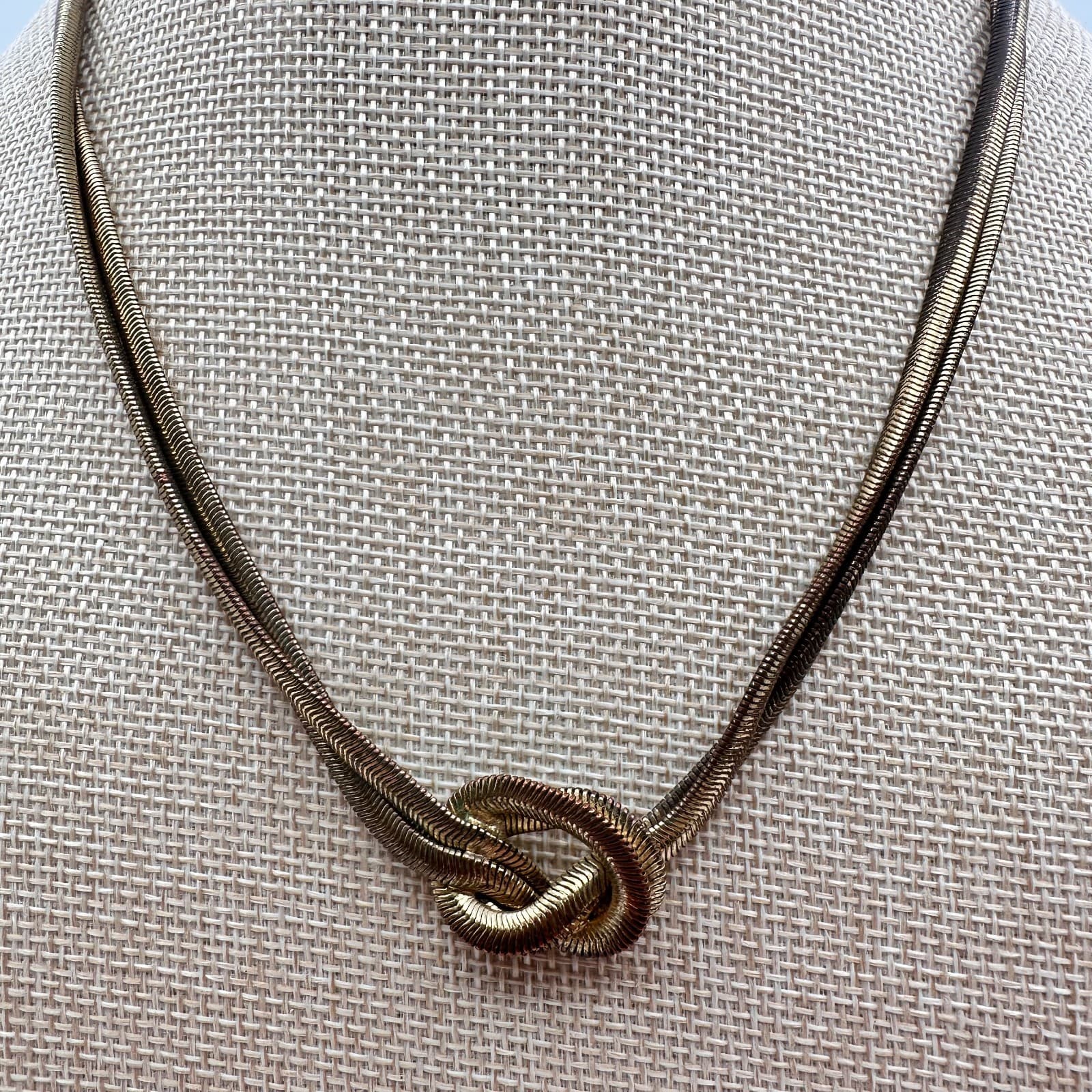 Vintage 90s Gold Tone Double Strand Snake Chain Love Knot Necklace Jewelry - Thumbnail 4