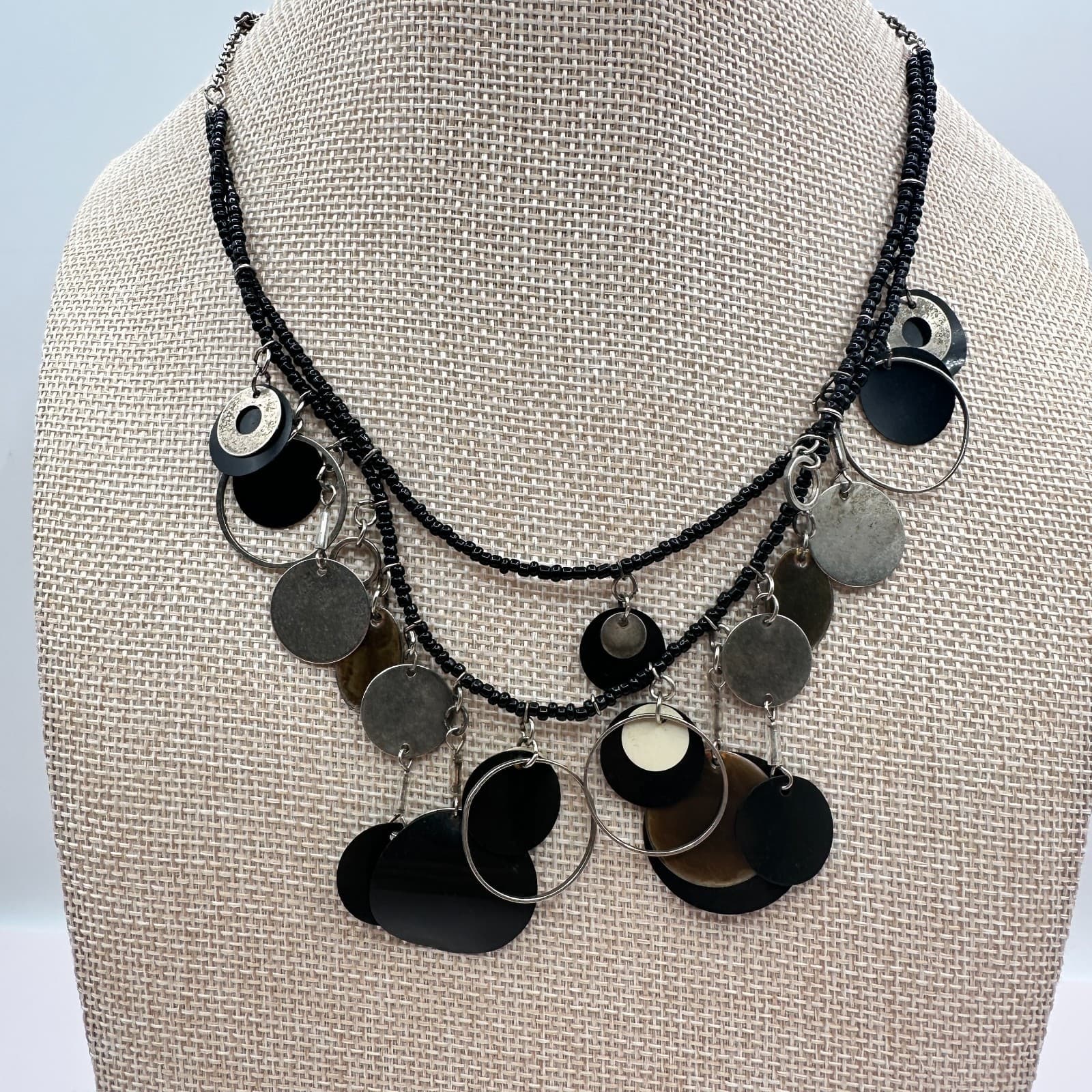 Vintage 80s Multi Strand Black Bead Statement Necklace Silver Disc Charm Jewelry - Thumbnail 7