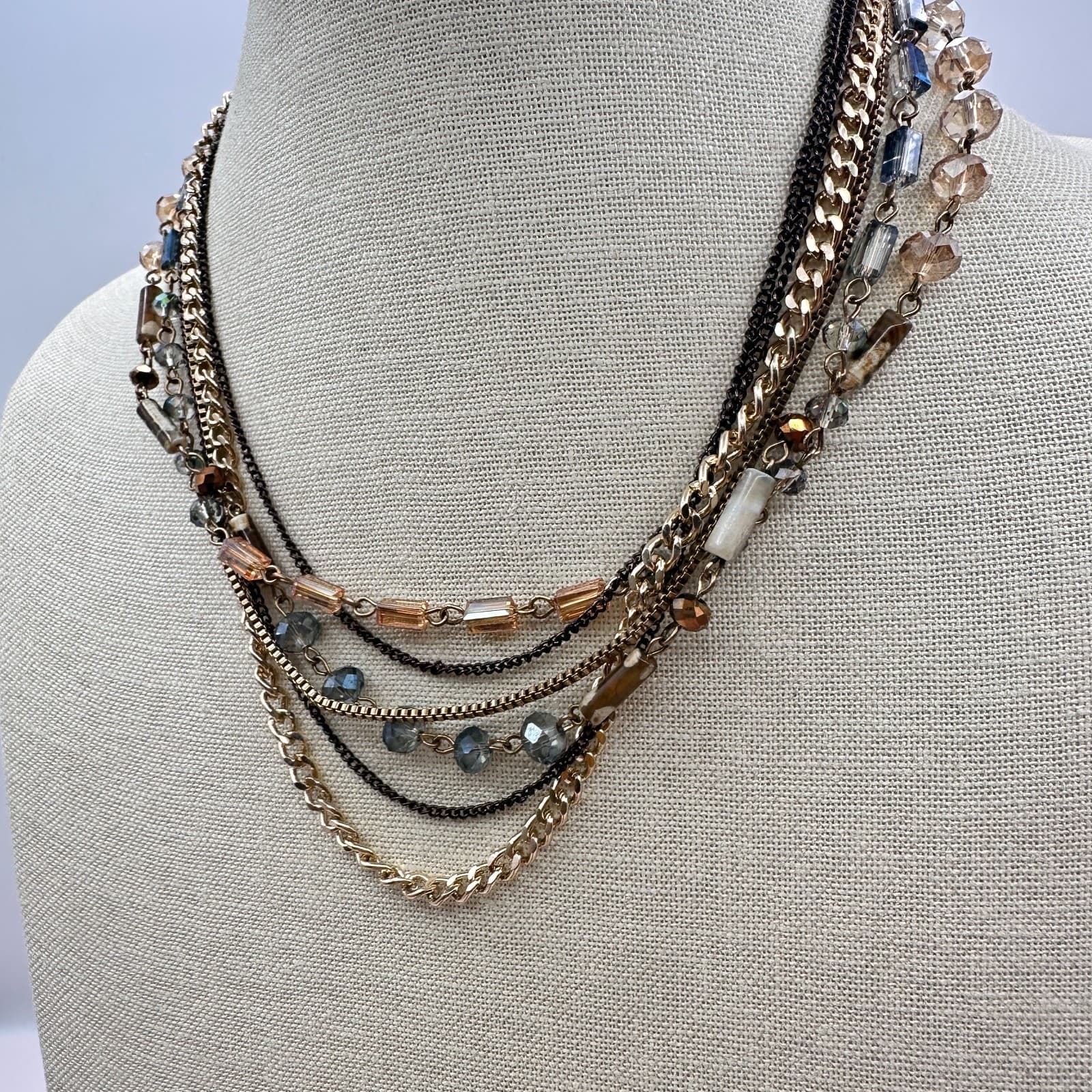Vintage 80s Sweet Escape Multi Strand Beaded Necklace Mixed Gold Chain Jewelry - Thumbnail 5