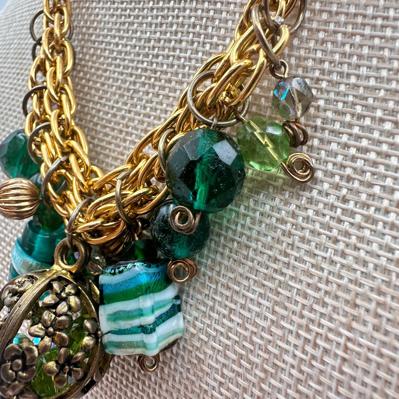Vintage 90s Gold Tone Green Glass Bead Statement Necklace Floral Cage Pendant - Thumbnail 6