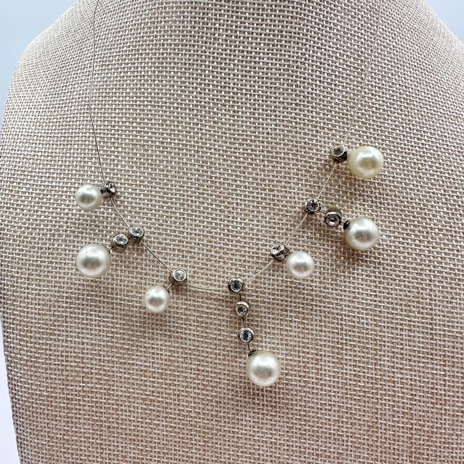 Vintage 90s Clear Glass Floating Faux Pearl Drop Silver Tone Y-Shape Necklace
