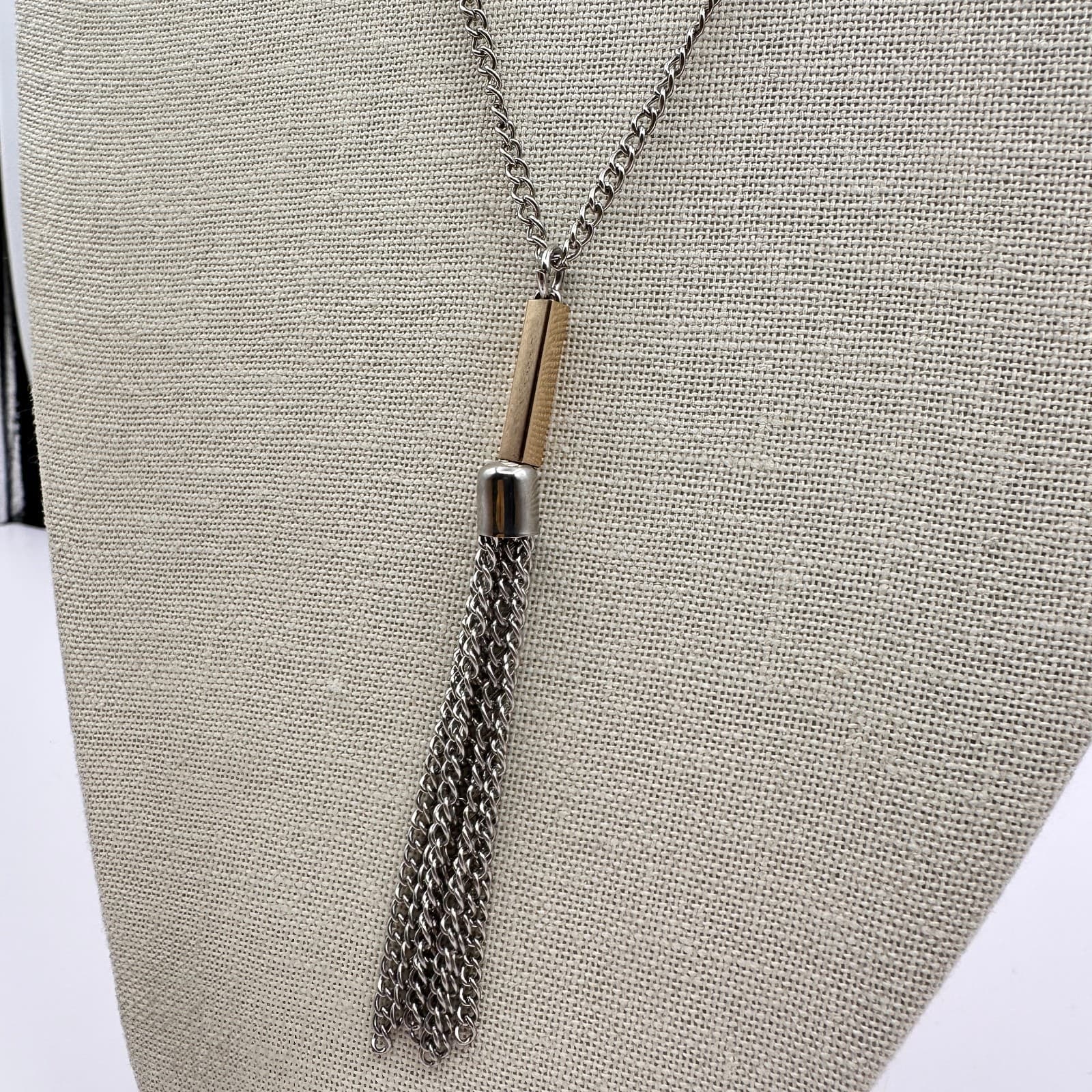 Vintage Y2K Silver Tone Curb Chain Tassel Fringe Pendant Necklace Jewelry - Thumbnail 5