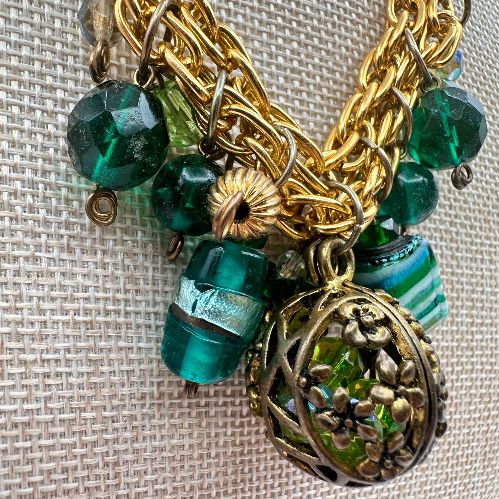 Vintage 90s Gold Tone Green Glass Bead Statement Necklace Floral Cage Pendant - Thumbnail 4