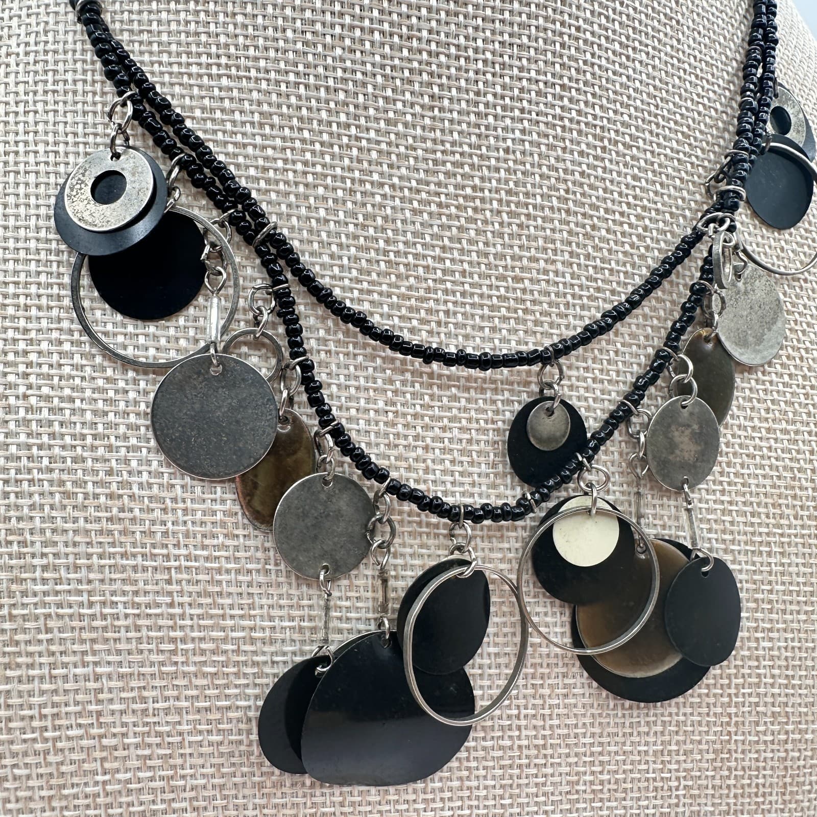 Vintage 80s Multi Strand Black Bead Statement Necklace Silver Disc Charm Jewelry - Thumbnail 4