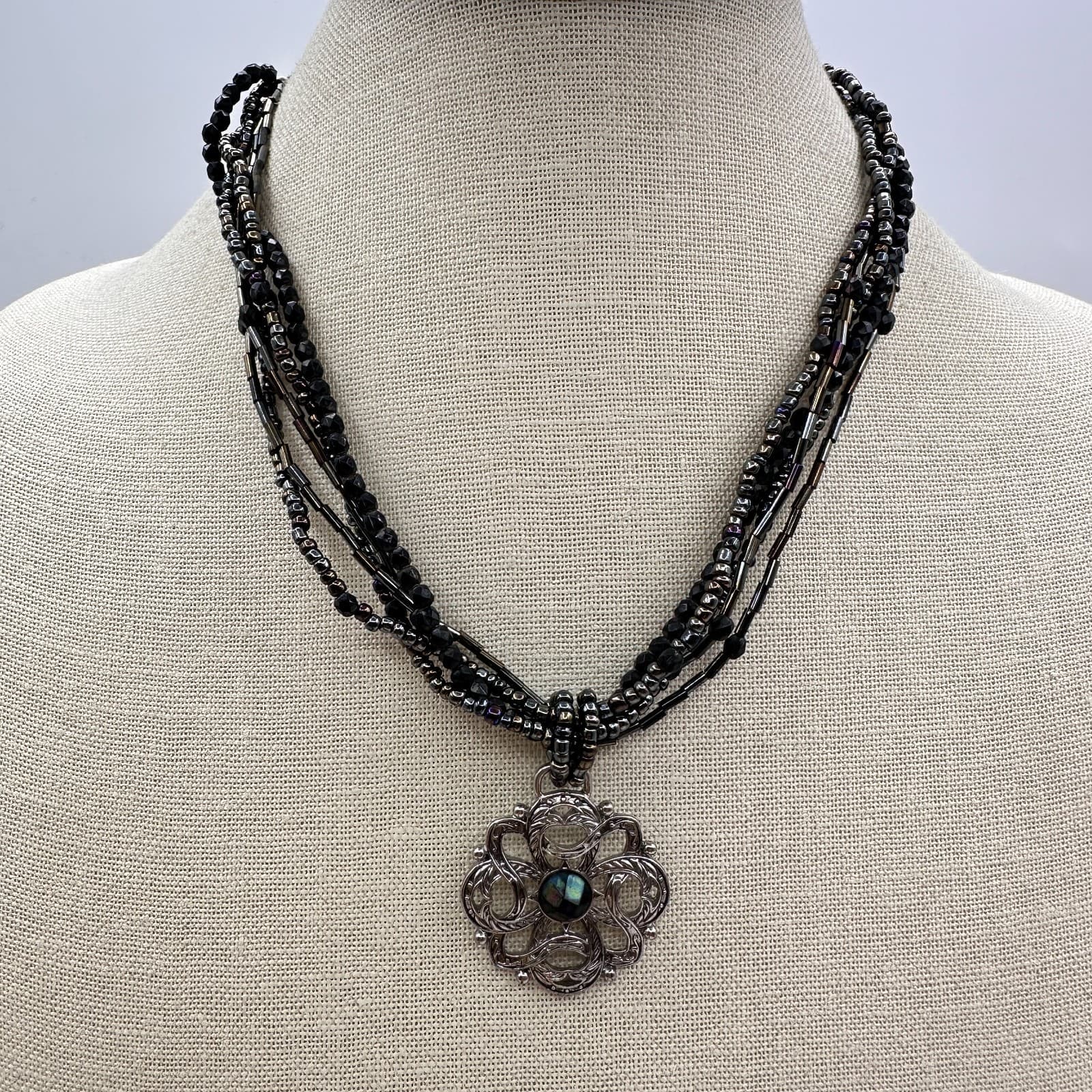 Vintage 90s Silver Tone Multi-Strand Beaded Open Floral Pendant Necklace Jewelry - Thumbnail 2