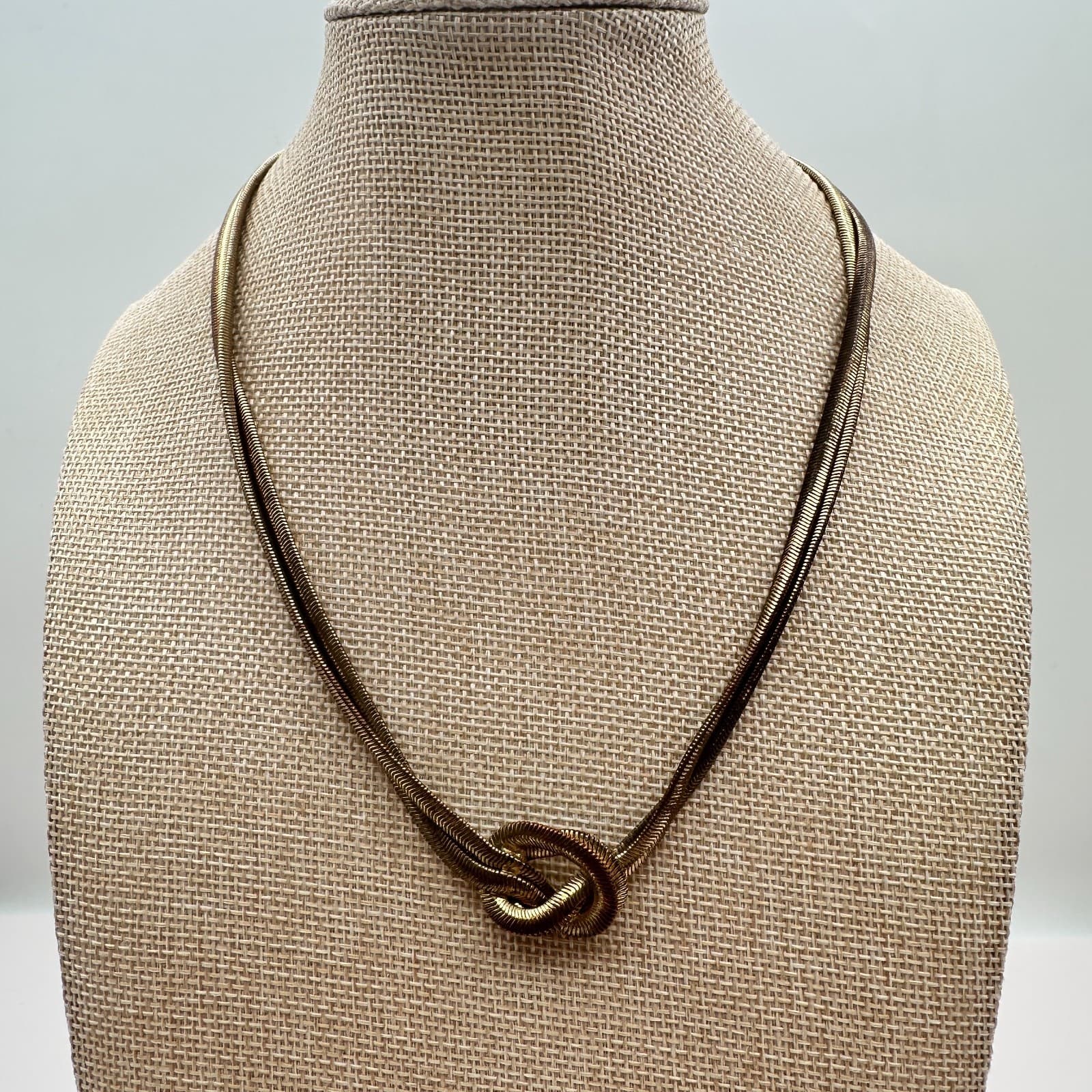 Vintage 90s Gold Tone Double Strand Snake Chain Love Knot Necklace Jewelry - Thumbnail 5