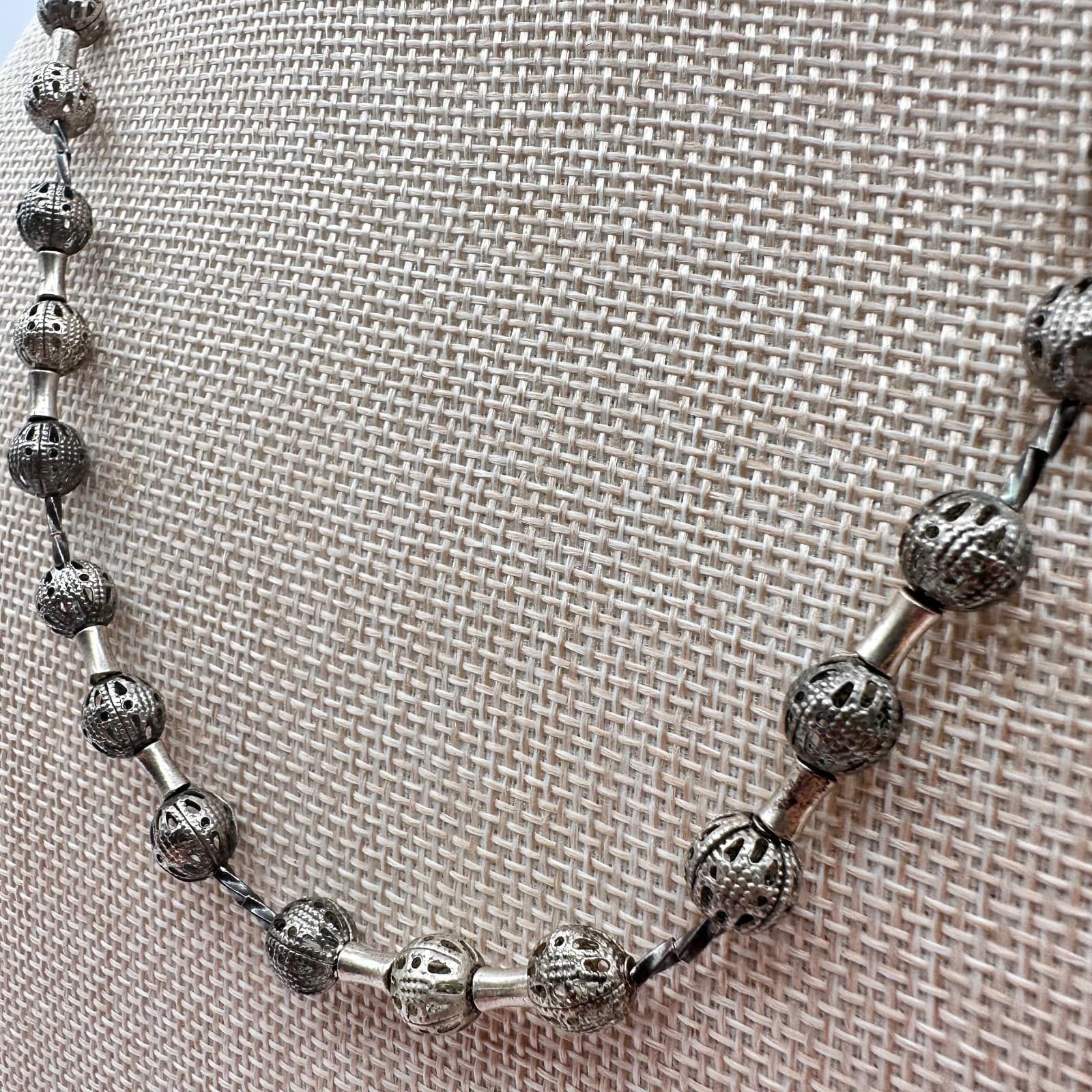 Vintage 90s Silver Tone Filigree Bead Necklace Boho Ethnic Statement Jewelry - Thumbnail 5