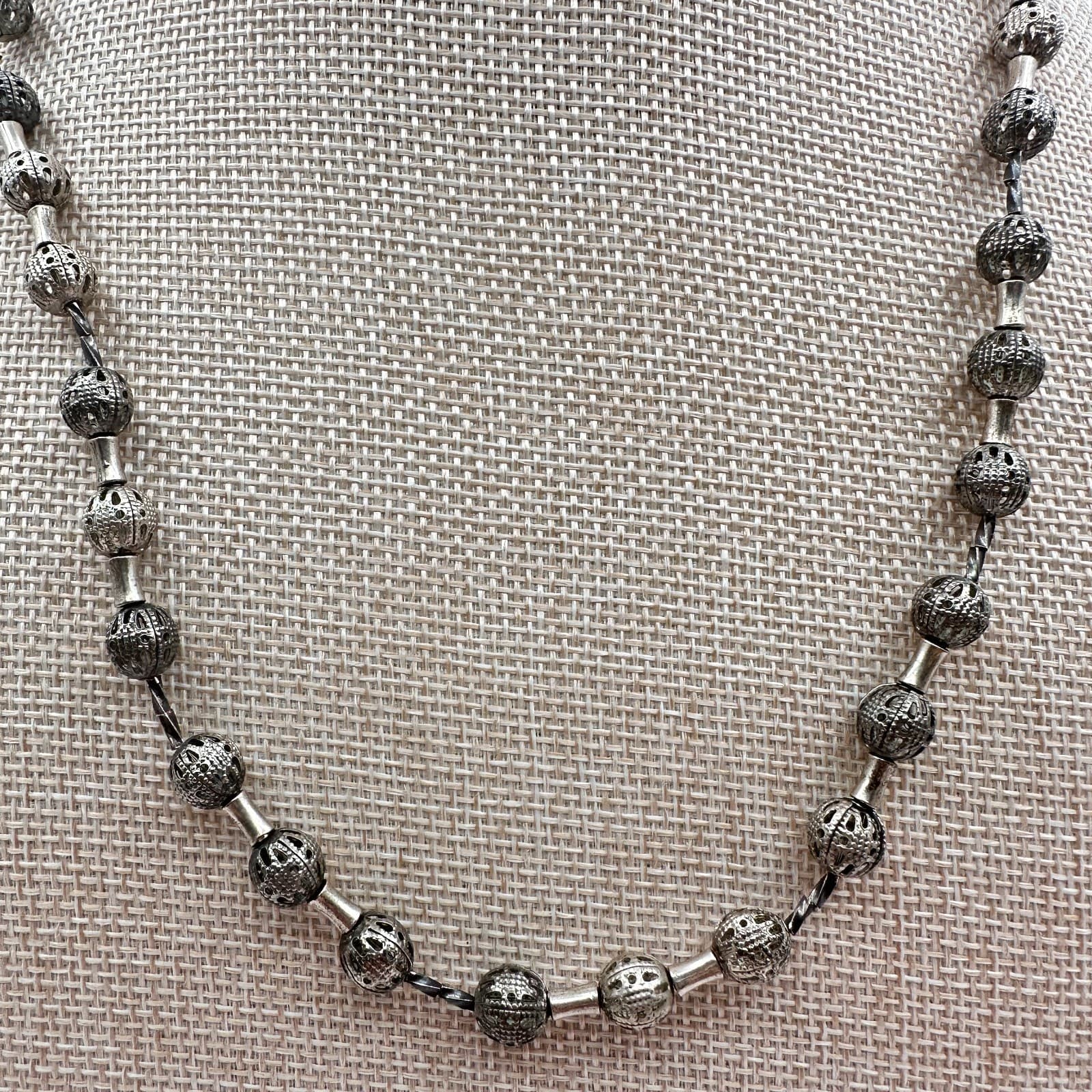 Vintage 90s Silver Tone Filigree Bead Necklace Boho Ethnic Statement Jewelry - Thumbnail 2