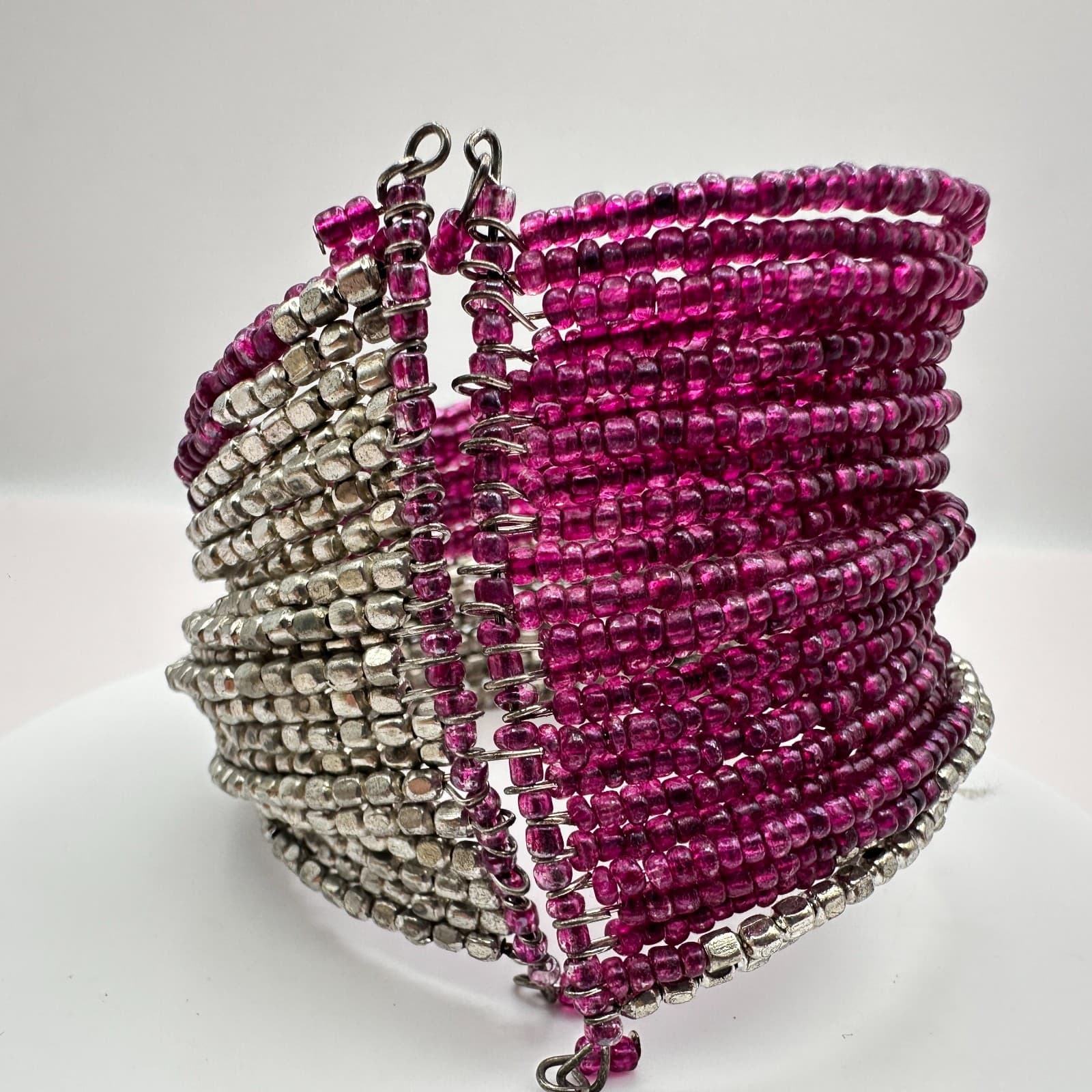 Vintage 90s Magenta Pink &Silver Seed Bead Multi-Strand Wrap Cuff Bracelet Boho - Thumbnail 3