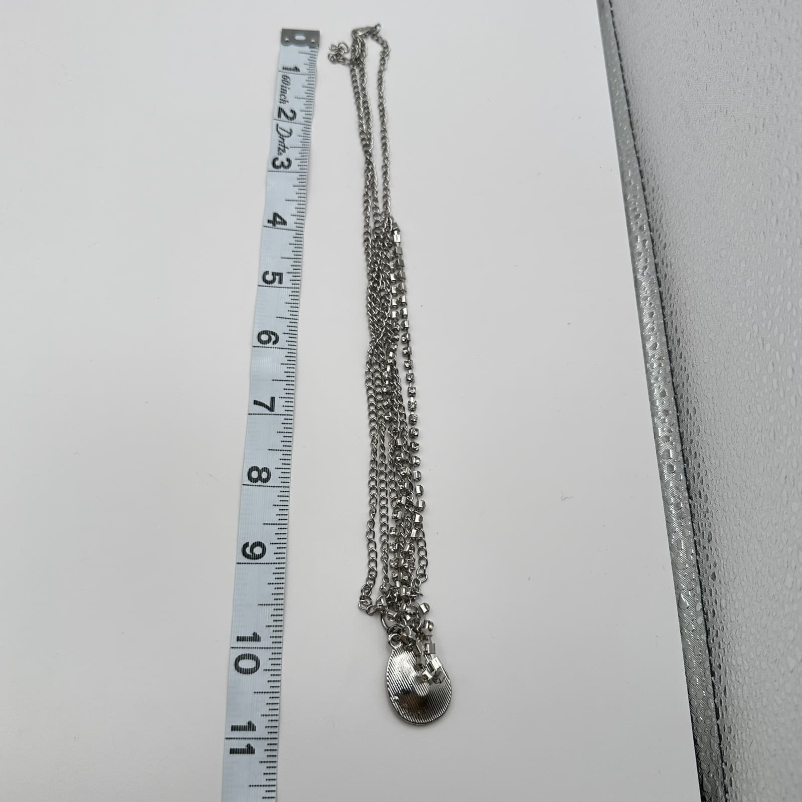 Vintage 90s Silver Stranded Draped Chain Necklace Rhinestone Teardrop Jewelry - Thumbnail 11