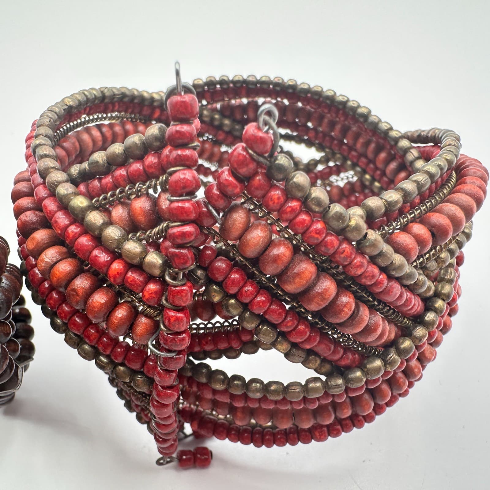Vintage 90s Boho Seed Beaded Memory Wire Cuff Bracelet Set Statement Jewelry - Thumbnail 5