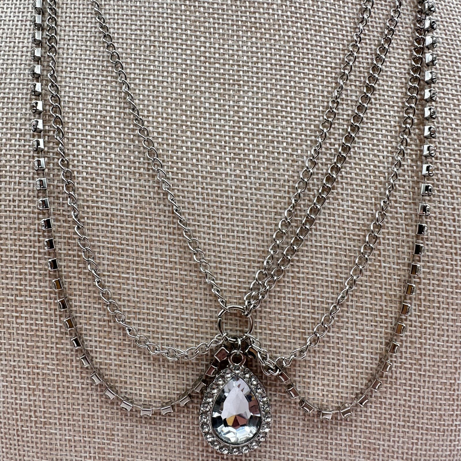 Vintage 90s Silver Stranded Draped Chain Necklace Rhinestone Teardrop Jewelry - Thumbnail 2
