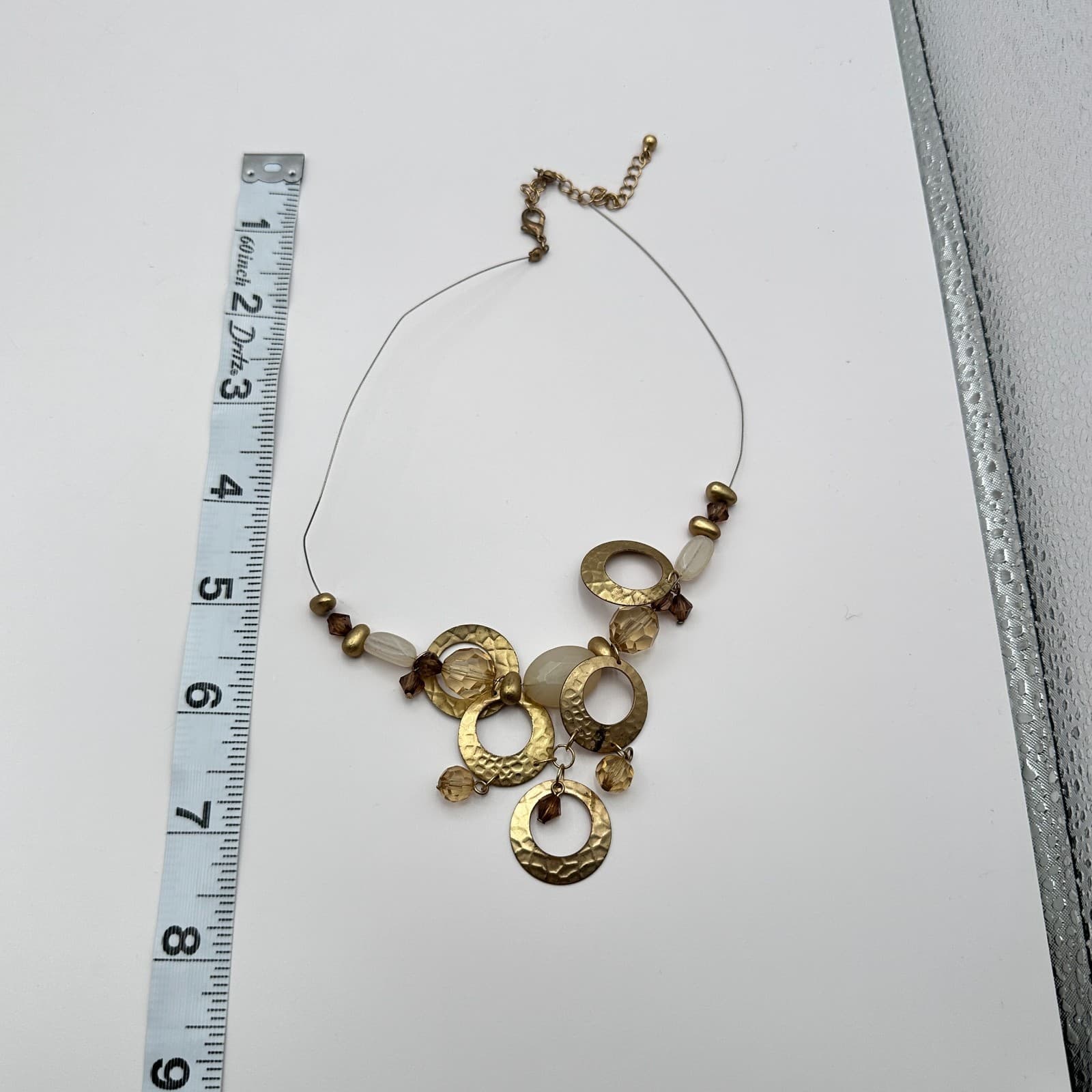 Vintage 90s Gold Tone Hammered Hoop Bib Necklace Glass Bead Boho Fashion Jewelry - Thumbnail 7