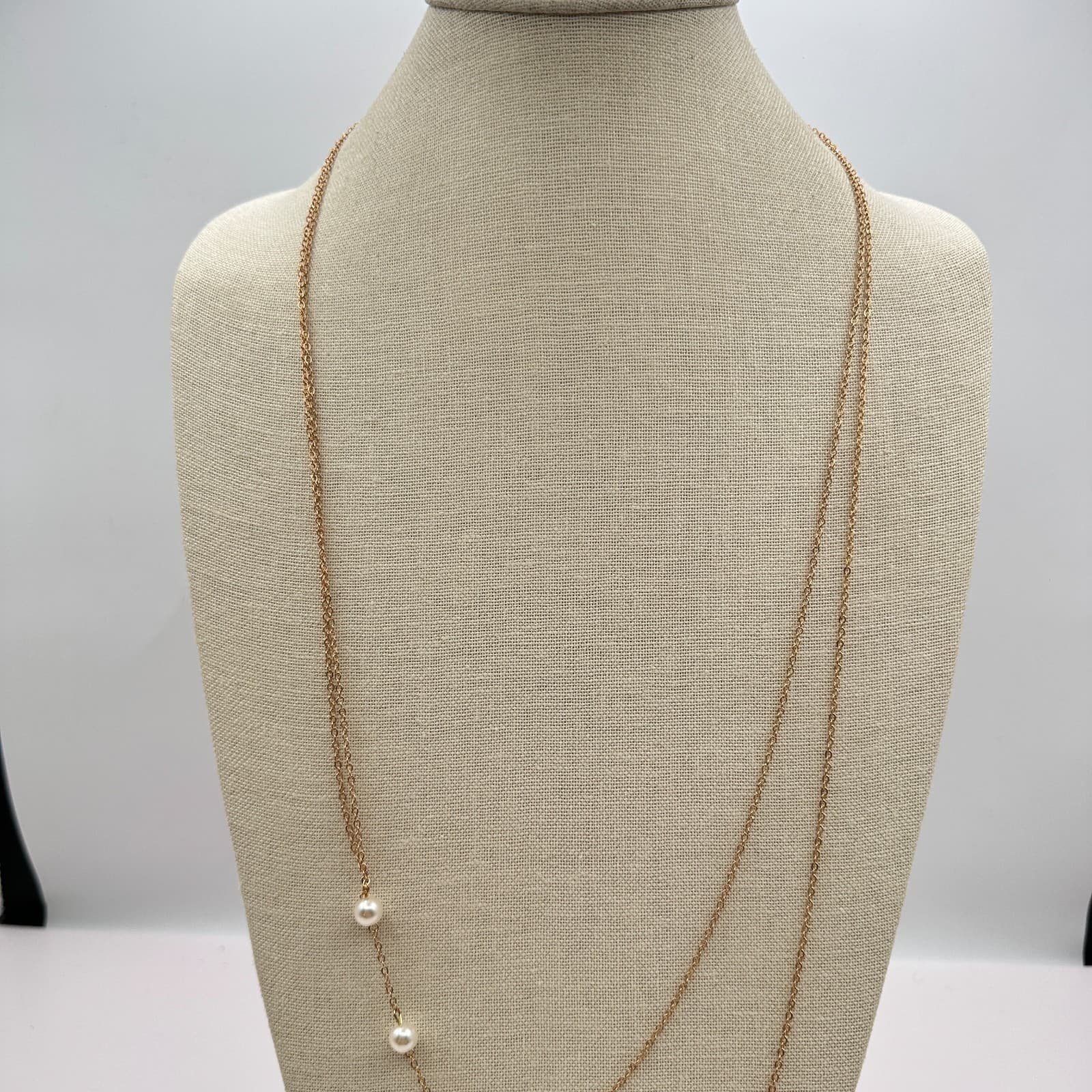 Vintage 90s Faux Pearl Gold Tone Double Strand Chain Necklace Minimalist Jewelry - Thumbnail 7