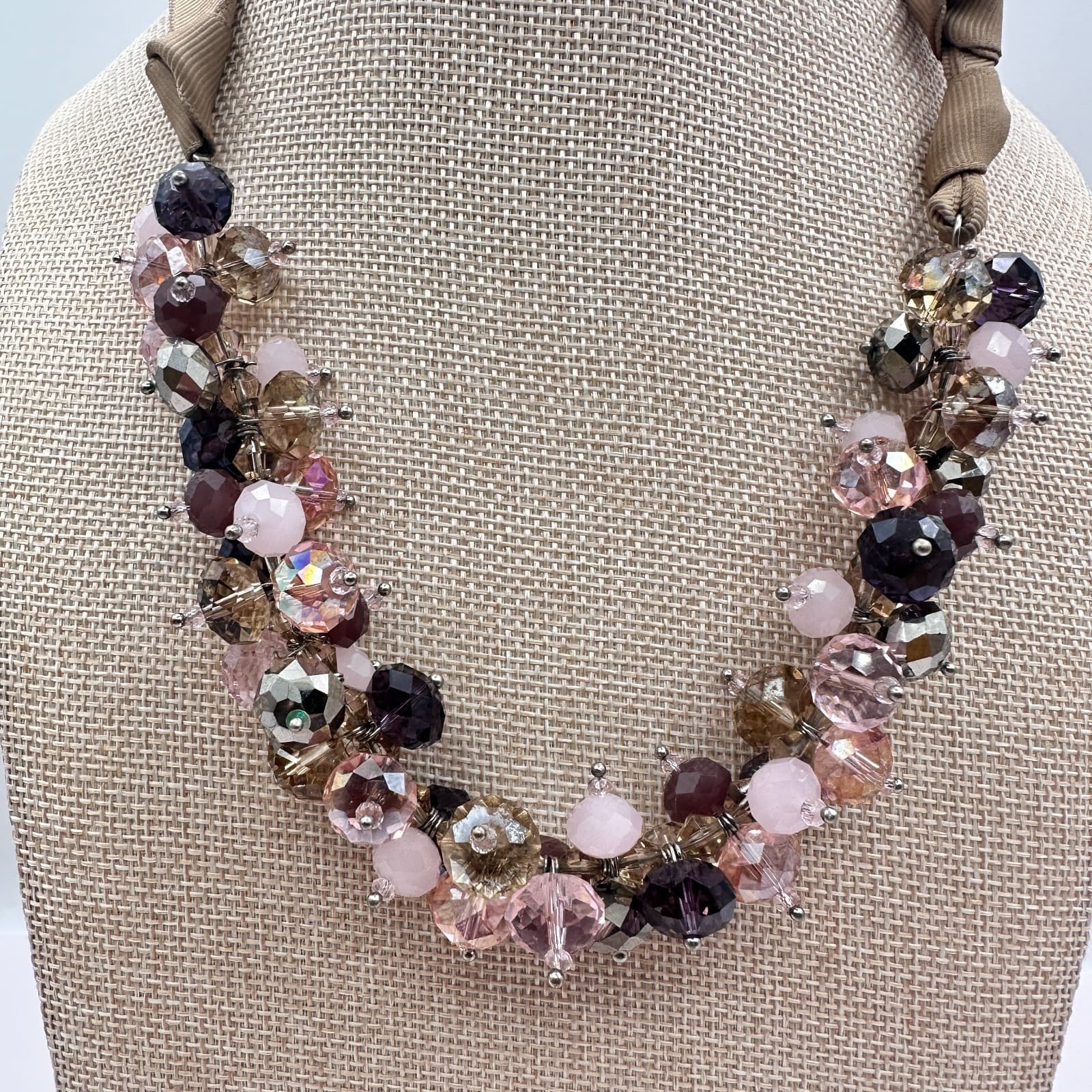 Vintage 90s Ali Khan New York Ribbon Strap Cluster Beaded Necklace Jewelry - Thumbnail 2