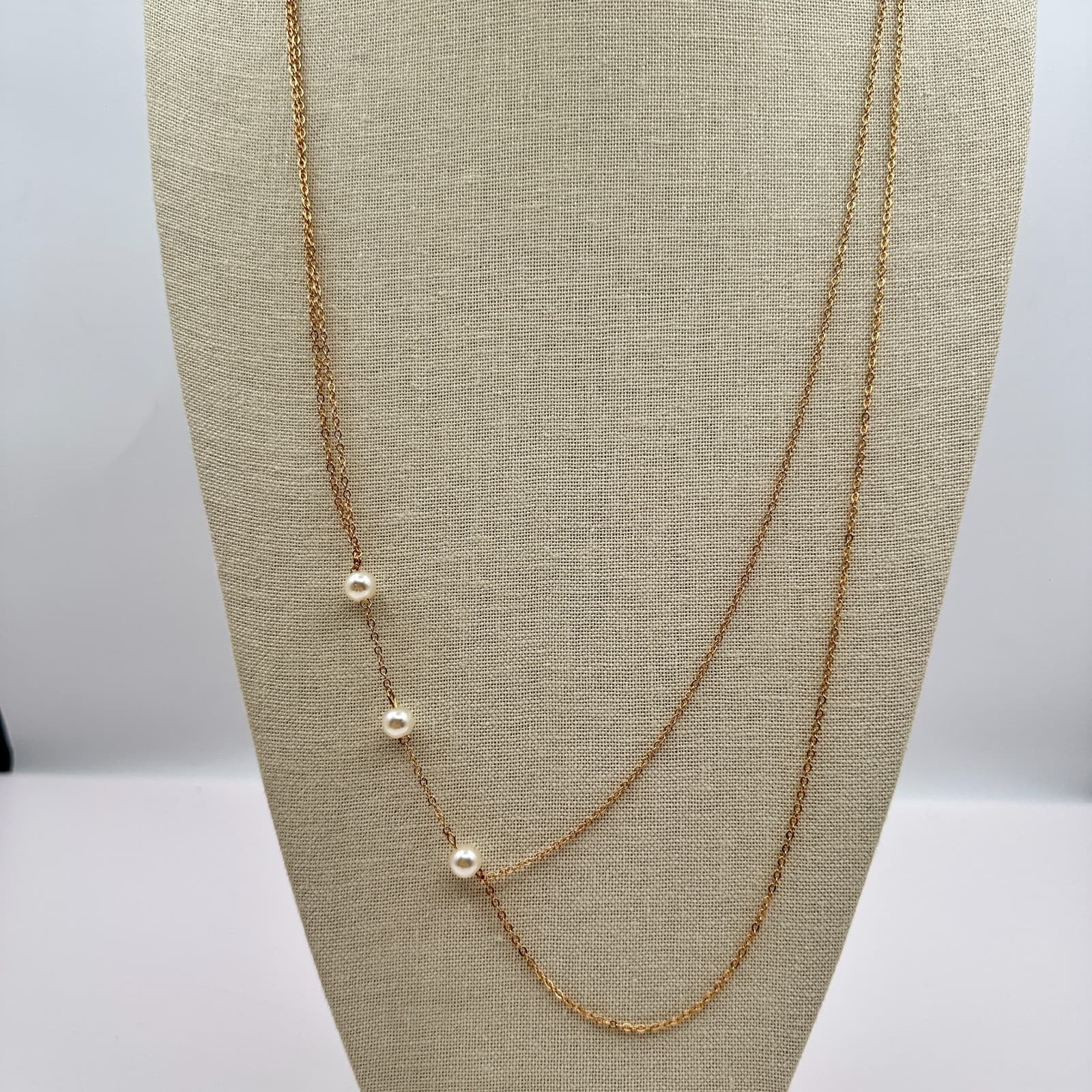 Vintage 90s Faux Pearl Gold Tone Double Strand Chain Necklace Minimalist Jewelry - Thumbnail 2