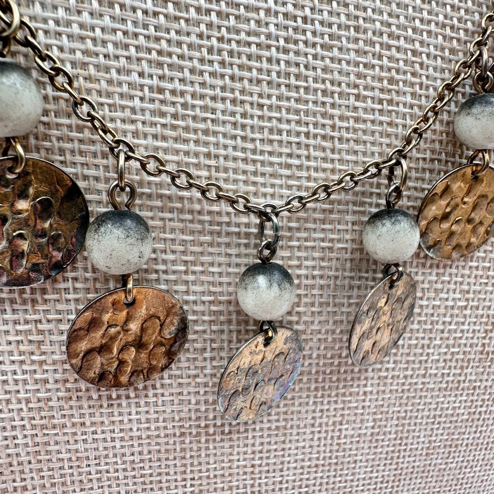 Vintage 90s Beaded Hammered Bronze Tone Coin Necklace Statement Women's Jewelry - Thumbnail 5