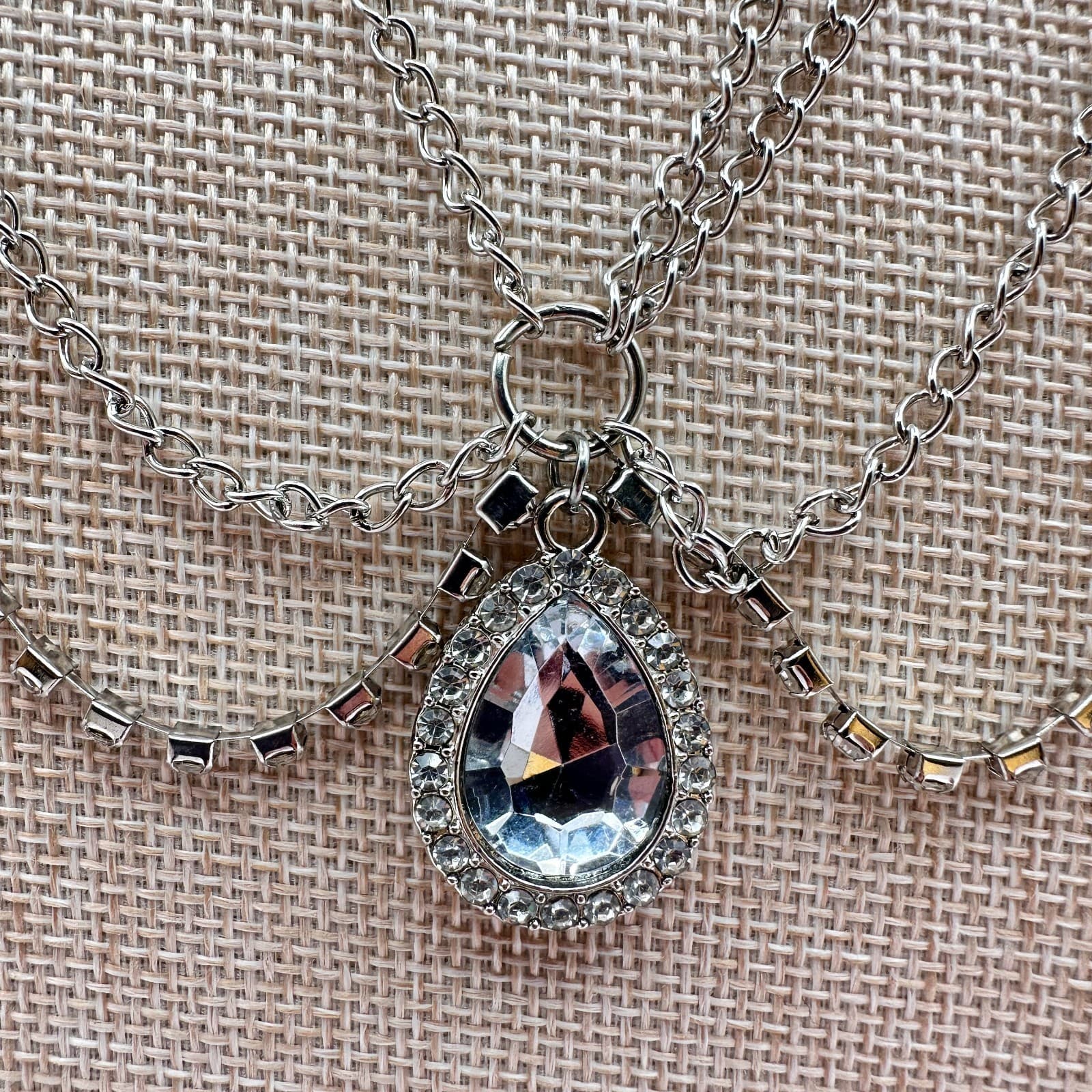 Vintage 90s Silver Stranded Draped Chain Necklace Rhinestone Teardrop Jewelry - Thumbnail 3