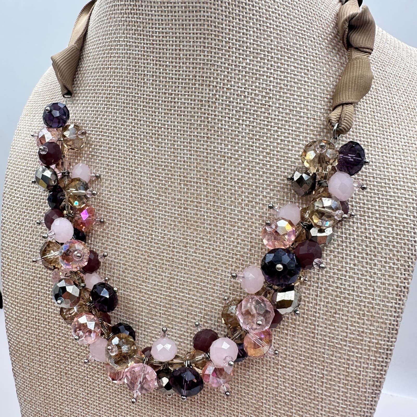Vintage 90s Ali Khan New York Ribbon Strap Cluster Beaded Necklace Jewelry - Thumbnail 6