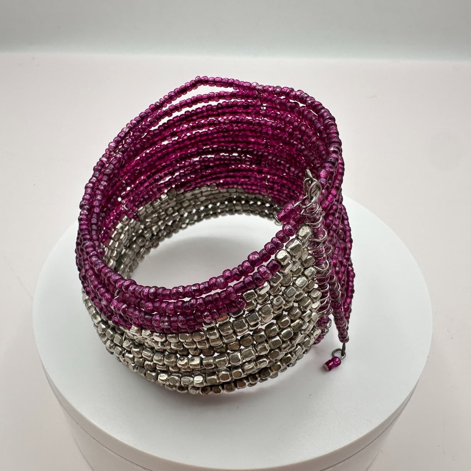 Vintage 90s Magenta Pink &Silver Seed Bead Multi-Strand Wrap Cuff Bracelet Boho - Thumbnail 2