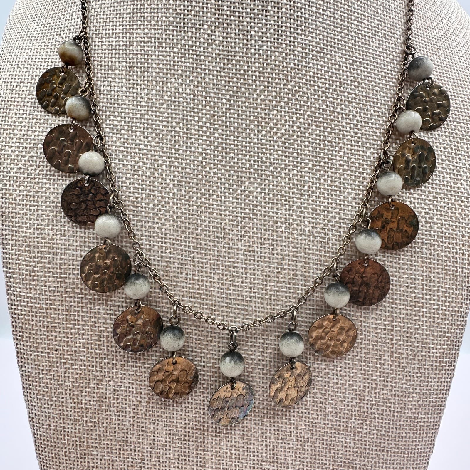 Vintage 90s Beaded Hammered Bronze Tone Coin Necklace Statement Women's Jewelry - Thumbnail 2