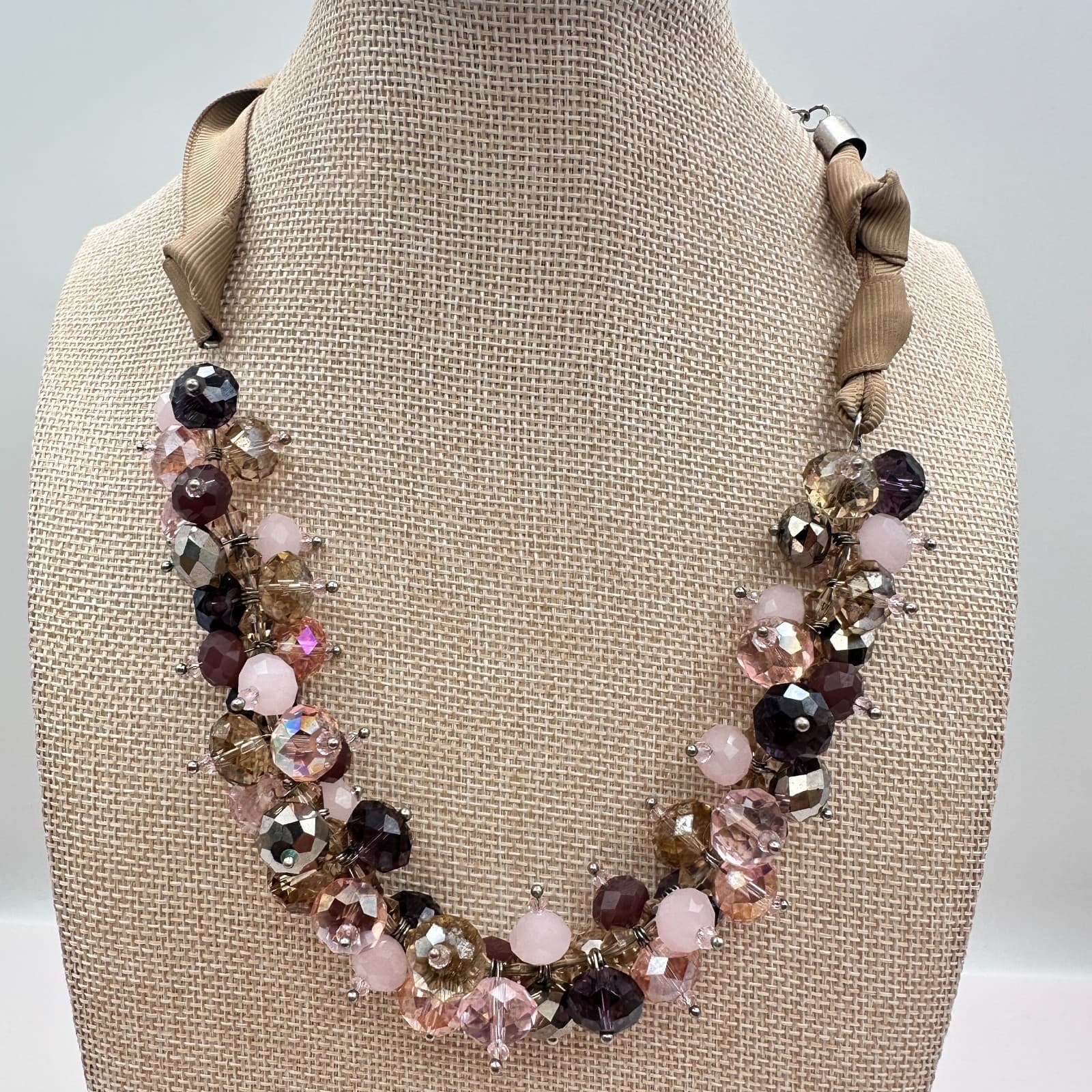 Vintage 90s Ali Khan New York Ribbon Strap Cluster Beaded Necklace Jewelry - Thumbnail 7