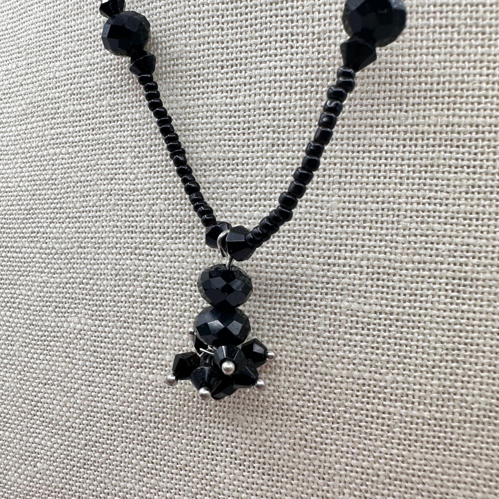 Vintage 90s Black Faceted Beaded Pendant Necklace Boho Statement Women's Jewelry - Thumbnail 3