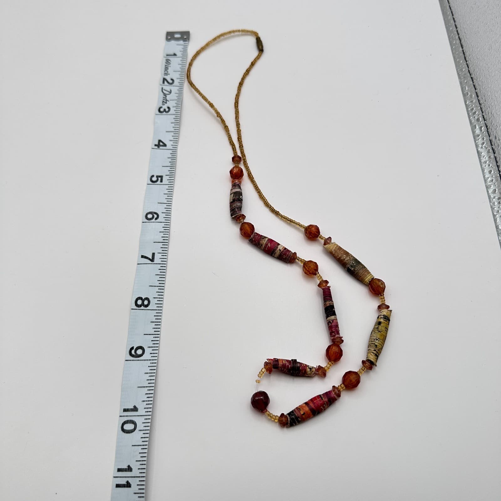 Vintage 90s Amber Paper Beaded Statement Necklace Boho Women's Classic Jewelry - Thumbnail 8