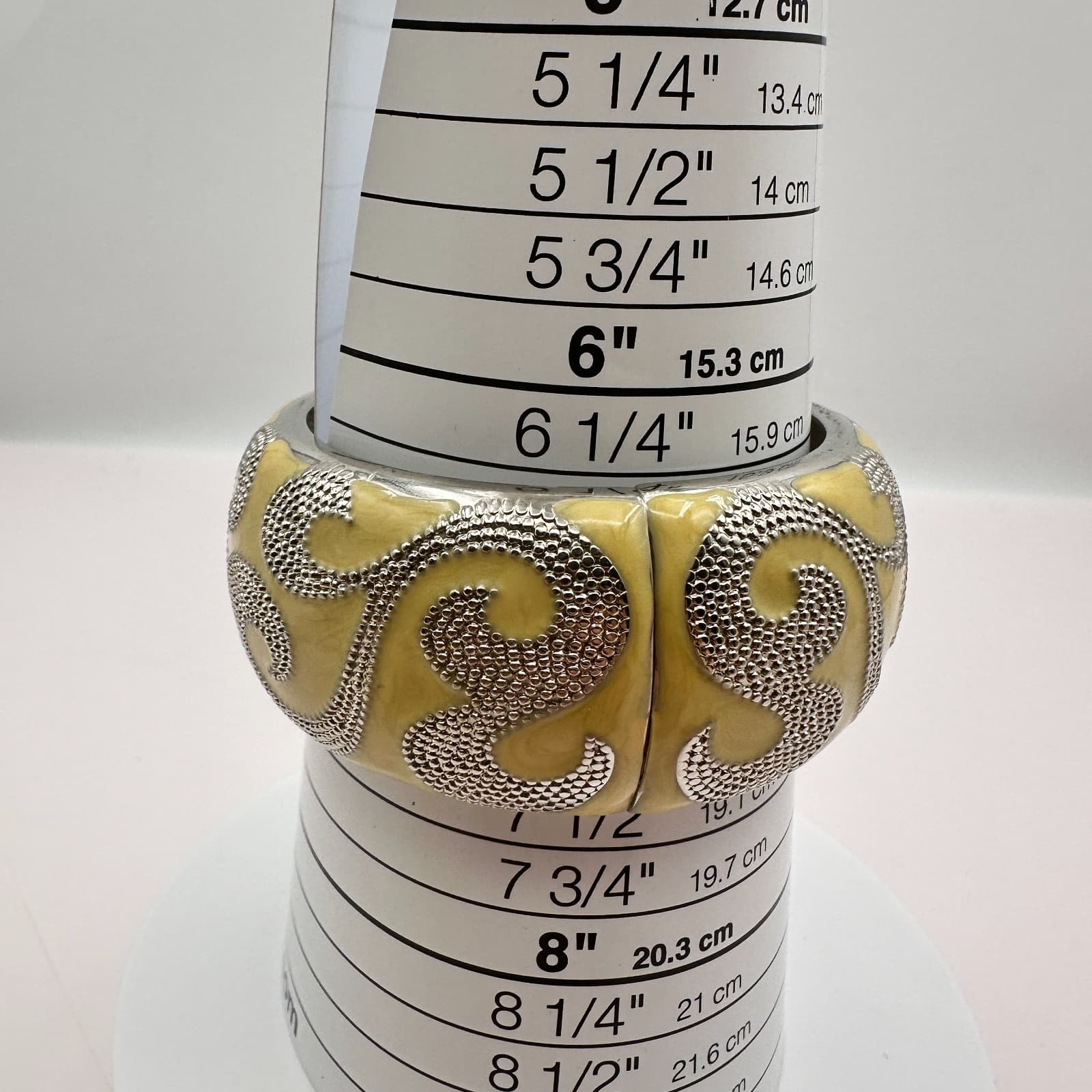 Vintage 90s Yellow Enamel Hinged Bangle Bracelet SilverTone Swirl Chunky Jewelry - Thumbnail 8