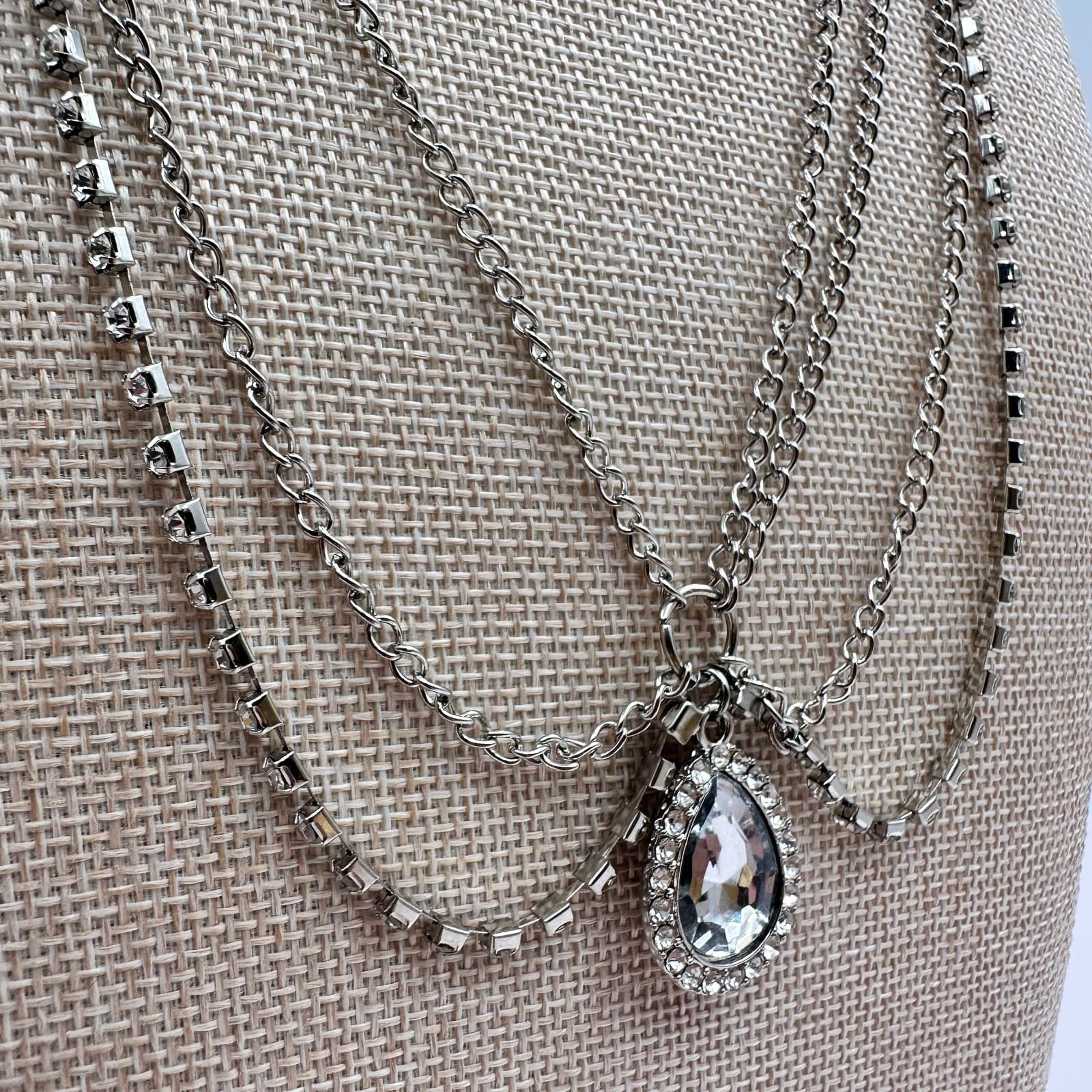 Vintage 90s Silver Stranded Draped Chain Necklace Rhinestone Teardrop Jewelry - Thumbnail 4