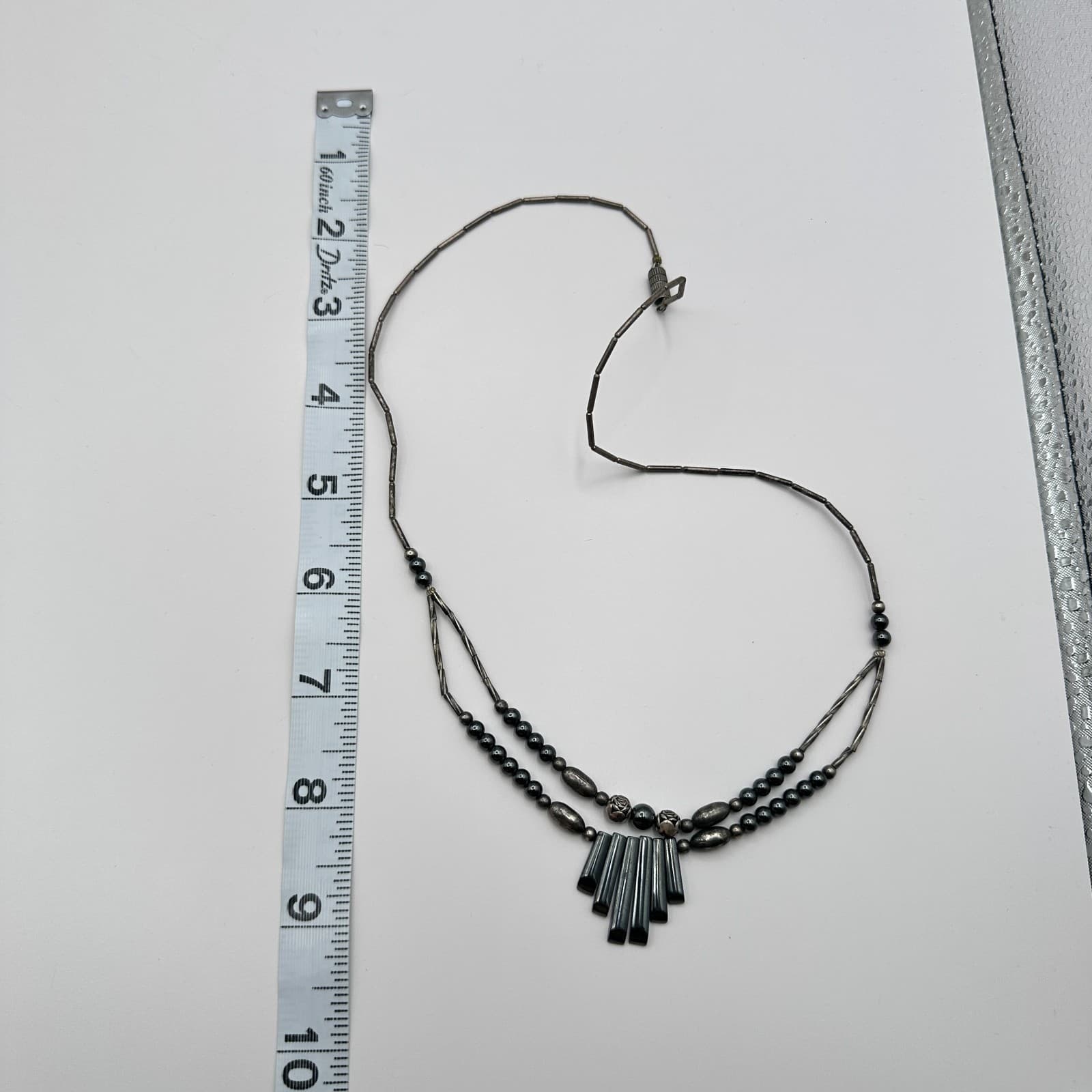 Vintage 90s Silver Tone Double Strand Beaded Geometric Fringe Statement Necklace - Thumbnail 8