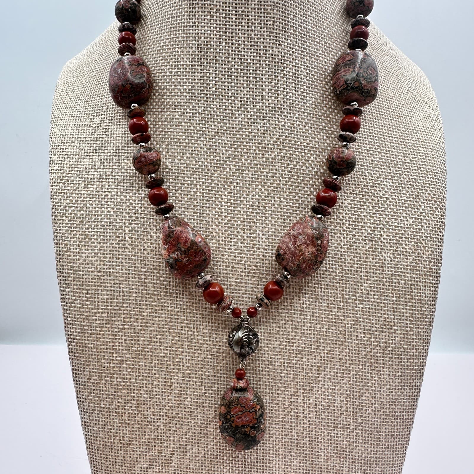 Vintage Y2K Red Poppy Jasper Beaded Pendant Necklace Silver Tone Boho Jewelry - Thumbnail 6