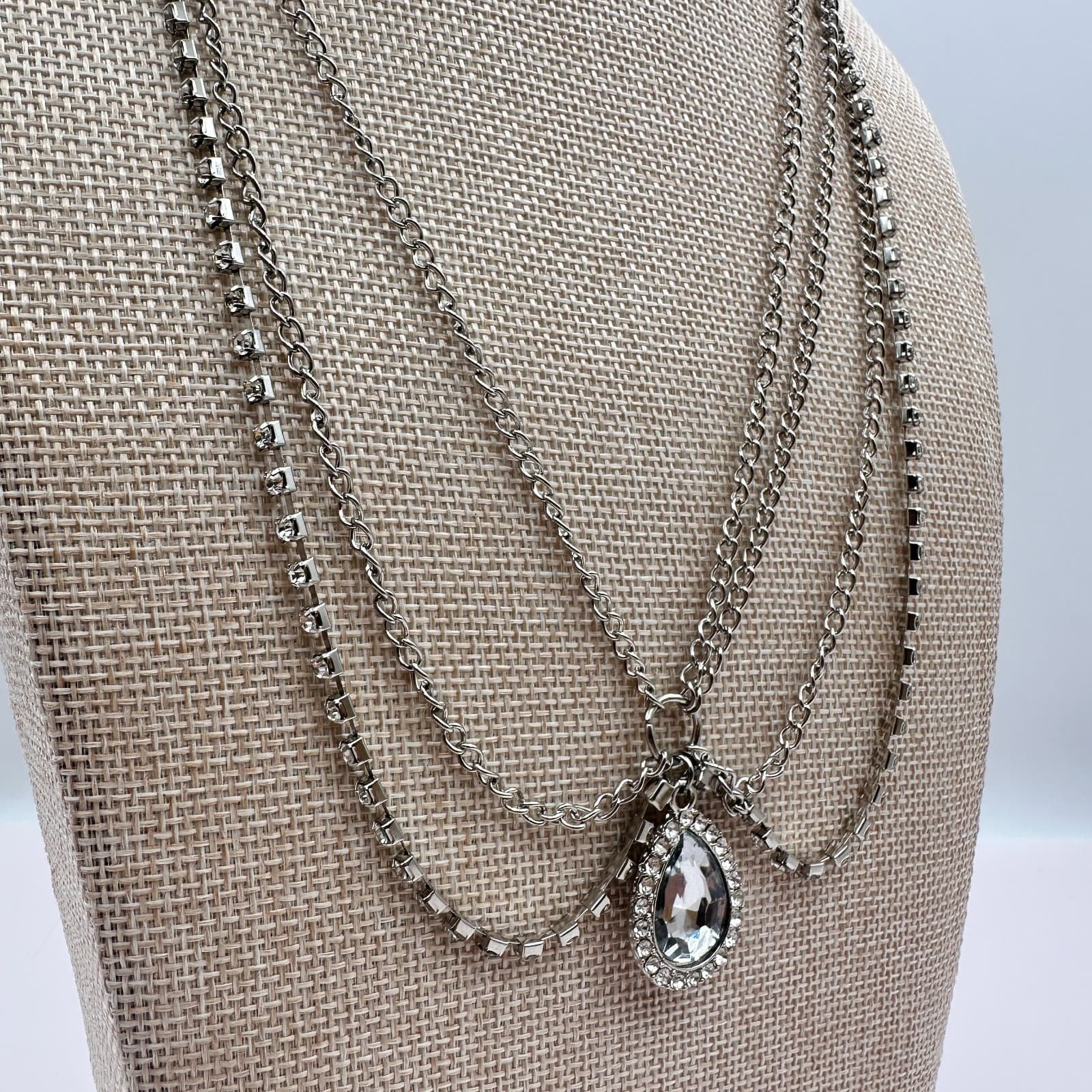 Vintage 90s Silver Stranded Draped Chain Necklace Rhinestone Teardrop Jewelry - Thumbnail 5