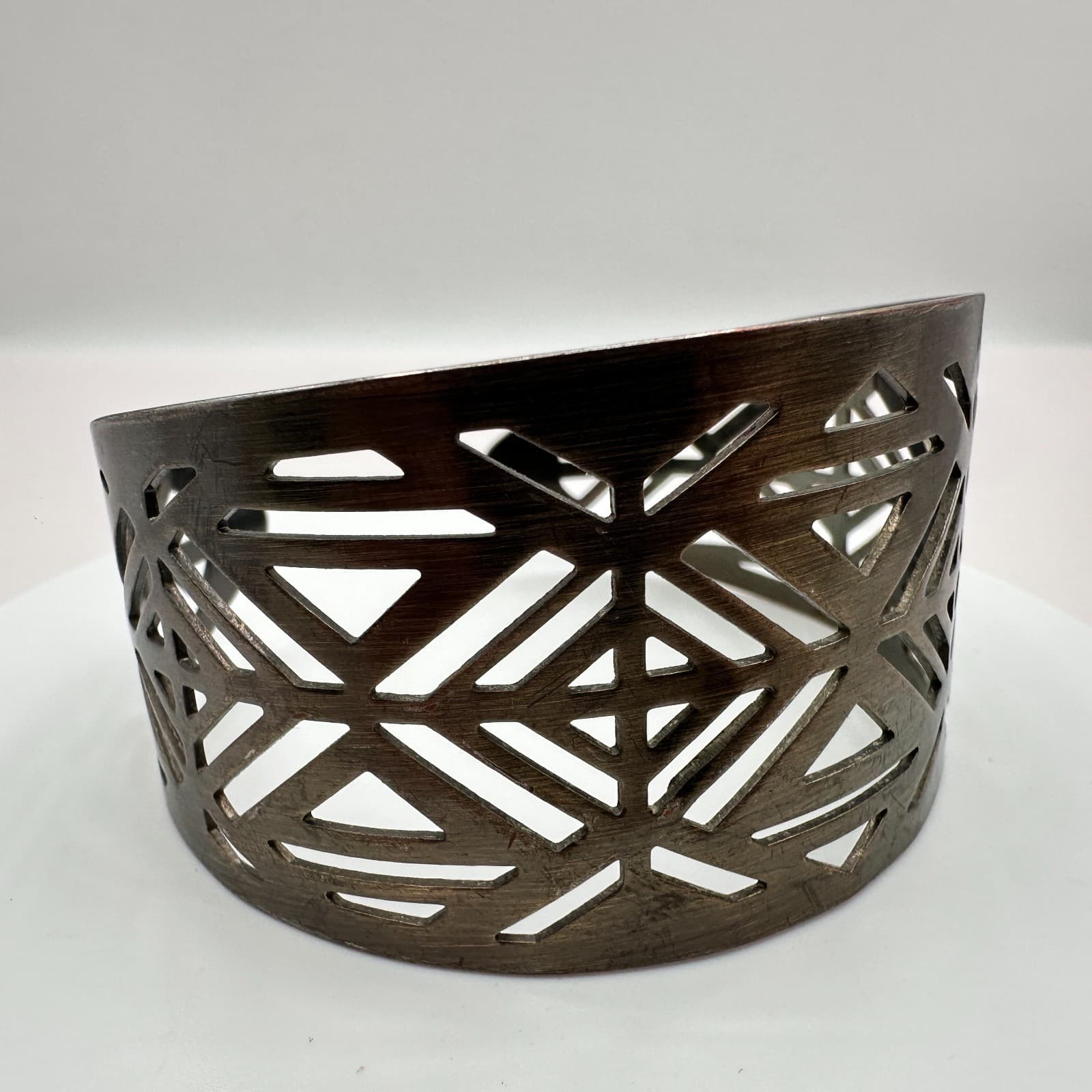 Vintage 80s Silver Tone Cutout Cuff Bracelet Geometric Wide Statement Jewelry - Thumbnail 3