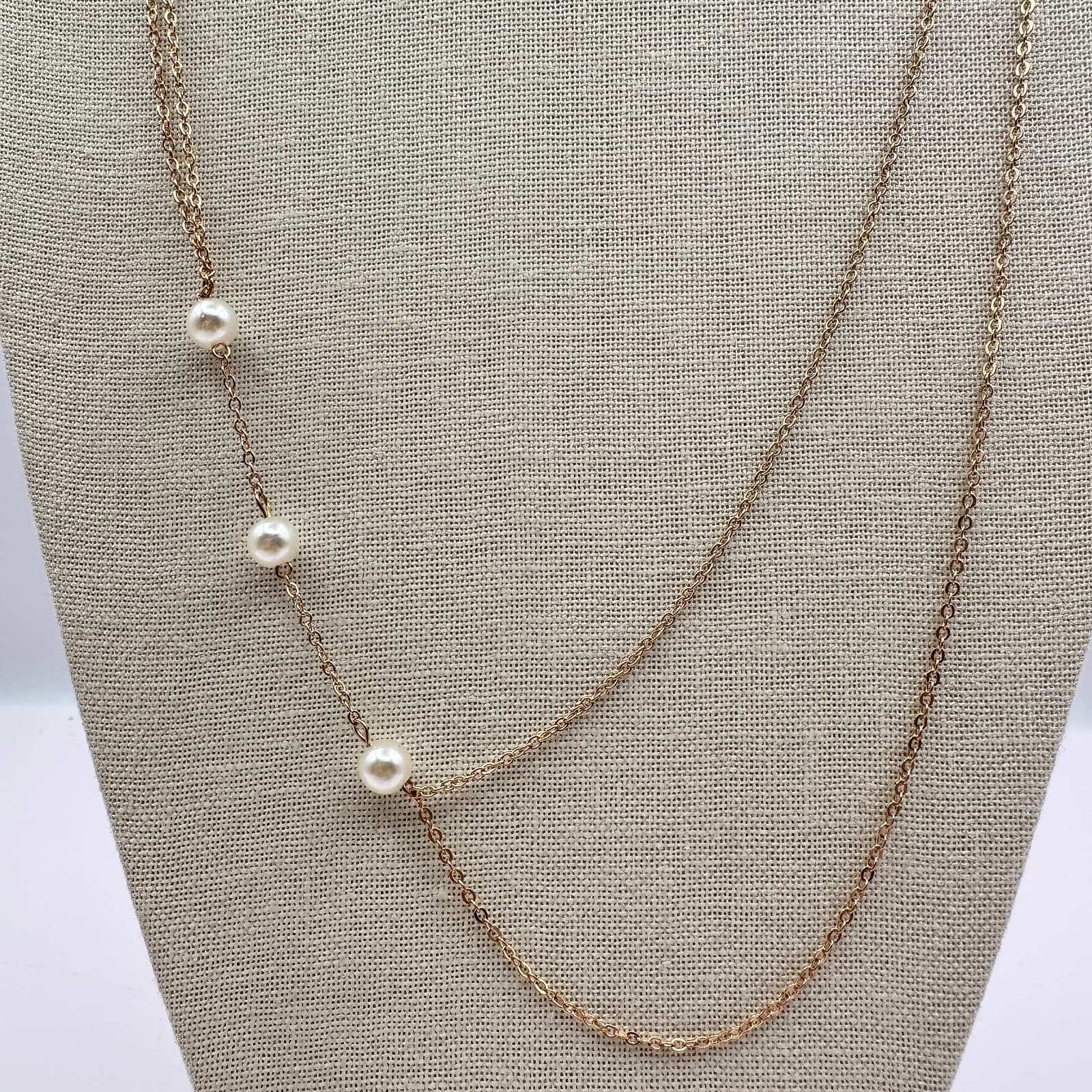 Vintage 90s Faux Pearl Gold Tone Double Strand Chain Necklace Minimalist Jewelry - Thumbnail 3