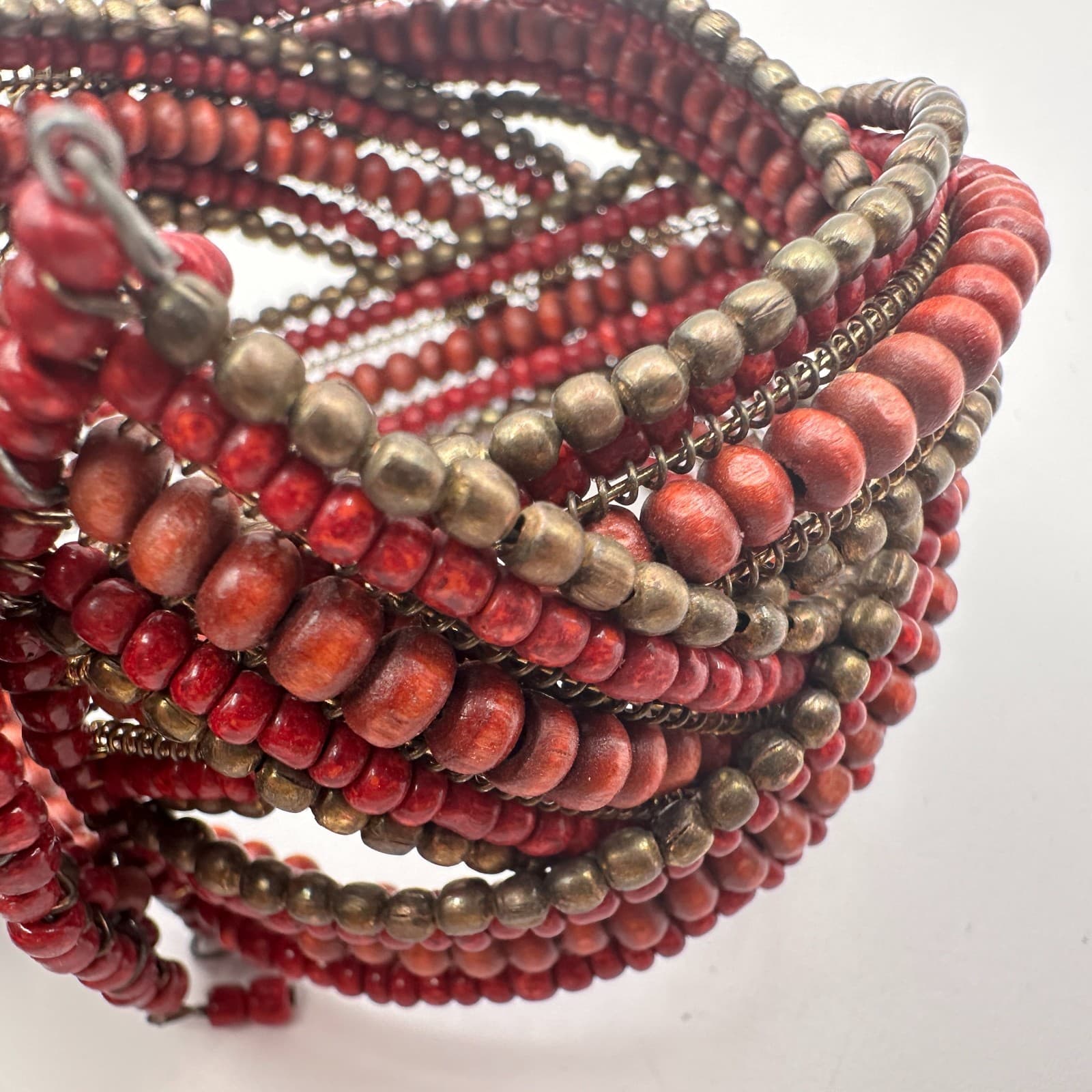 Vintage 90s Boho Seed Beaded Memory Wire Cuff Bracelet Set Statement Jewelry - Thumbnail 7