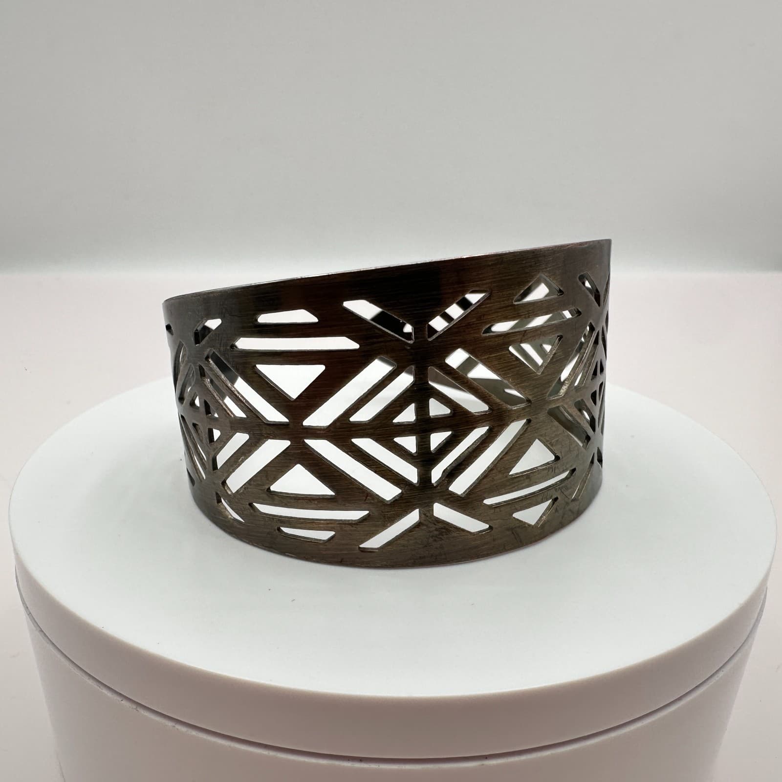 Vintage 80s Silver Tone Cutout Cuff Bracelet Geometric Wide Statement Jewelry - Thumbnail 6